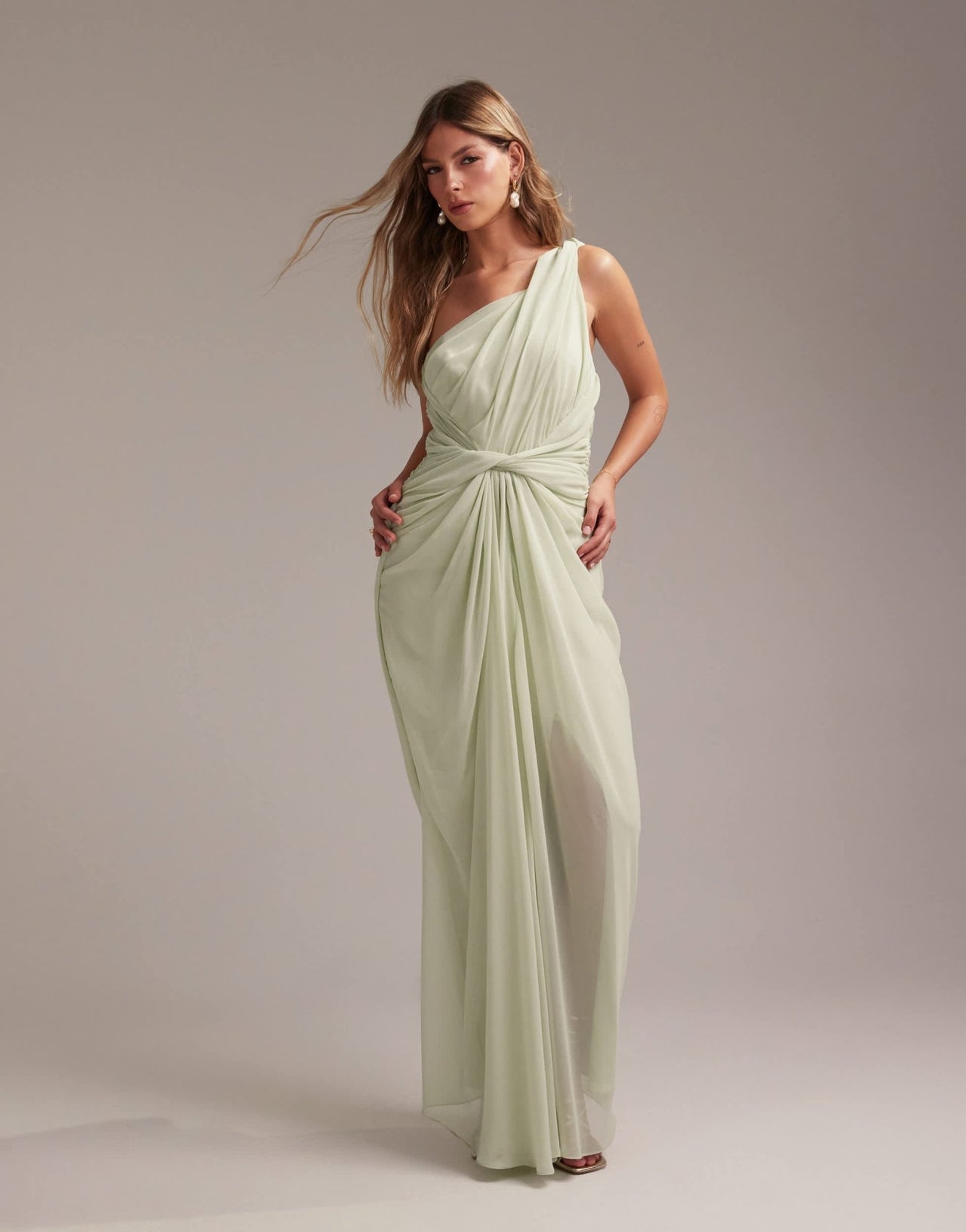 ASOS DESIGN Bridesmaids one shoulder draped twist detail midaxi dress in light green - ASOS Sample Sale