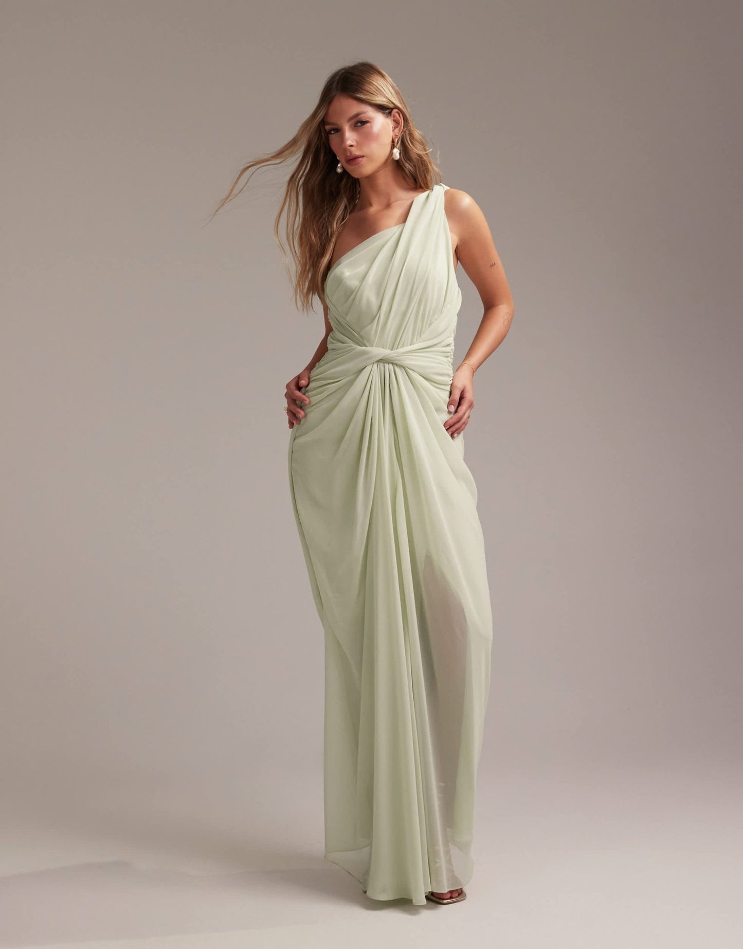 ASOS DESIGN Bridesmaids one shoulder draped twist detail midaxi dress in light green - ASOS Sample Sale
