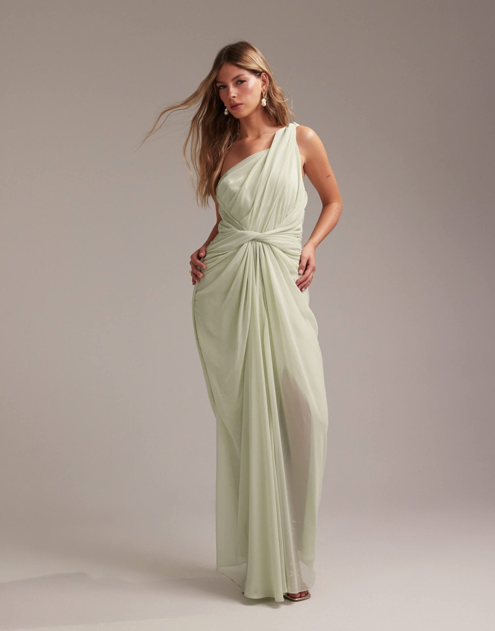 ASOS DESIGN Bridesmaids one shoulder draped twist detail midaxi dress in light green - ASOS Sample Sale