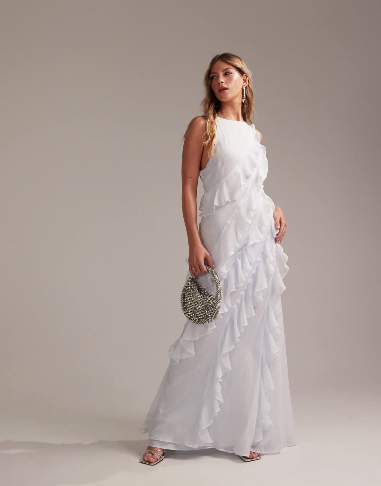 ASOS DESIGN Bridesmaids racer neck bias ruffle maxi dress in light blue - ASOS Sample Sale