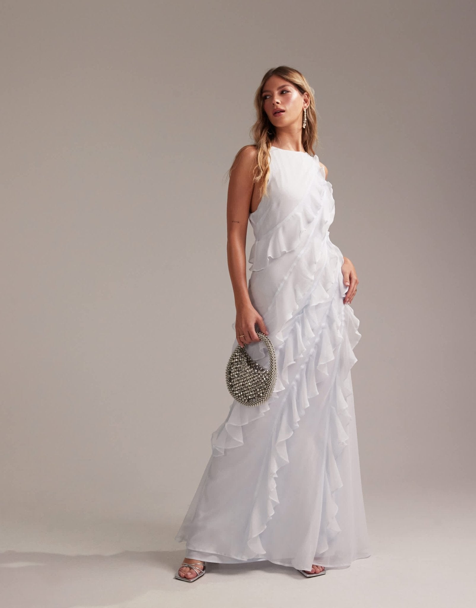 ASOS DESIGN Bridesmaids racer neck bias ruffle maxi dress in light blue - ASOS Sample Sale