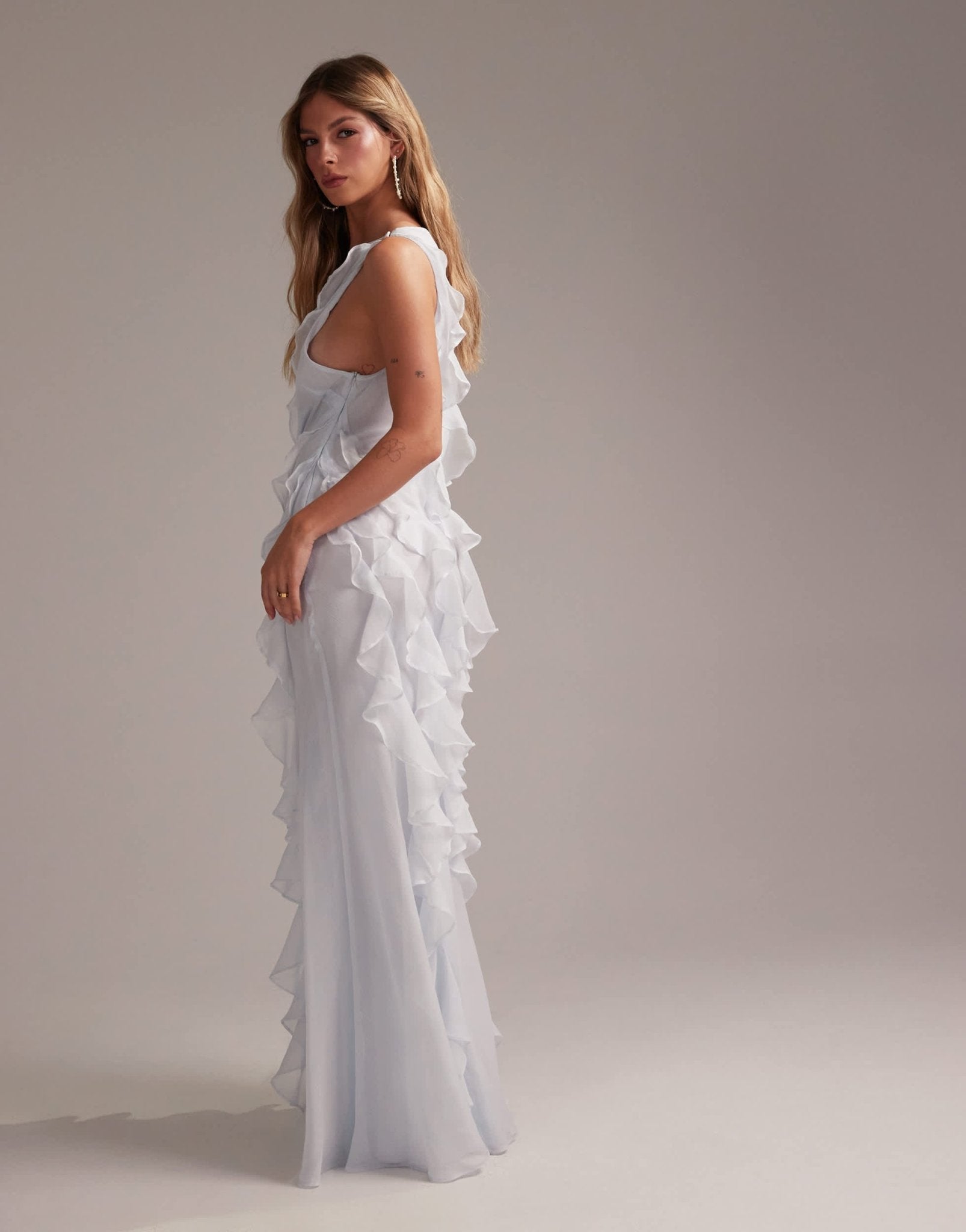 ASOS DESIGN Bridesmaids racer neck bias ruffle maxi dress in light blue - ASOS Sample Sale