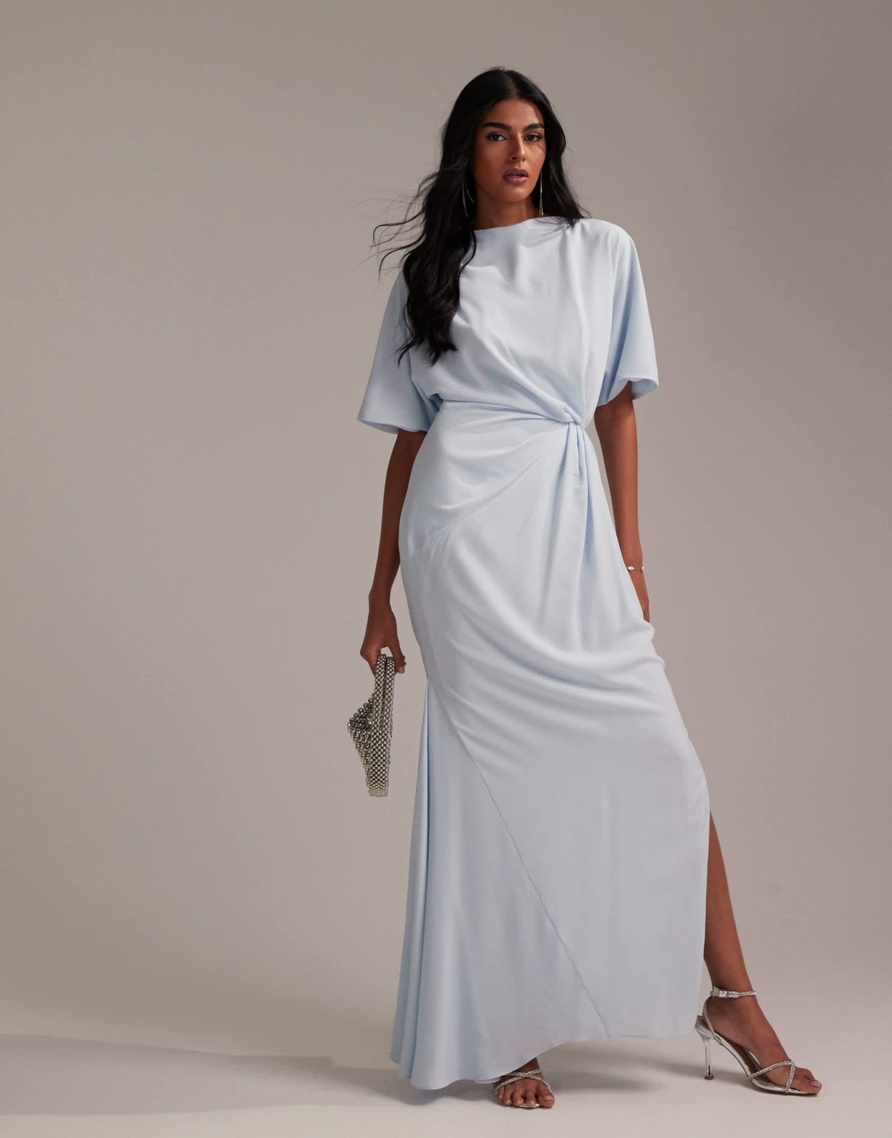 ASOS DESIGN Bridesmaids slash neck crepe t-shirt sleeve minimal drape maxi dress in light blue - ASOS Sample Sale