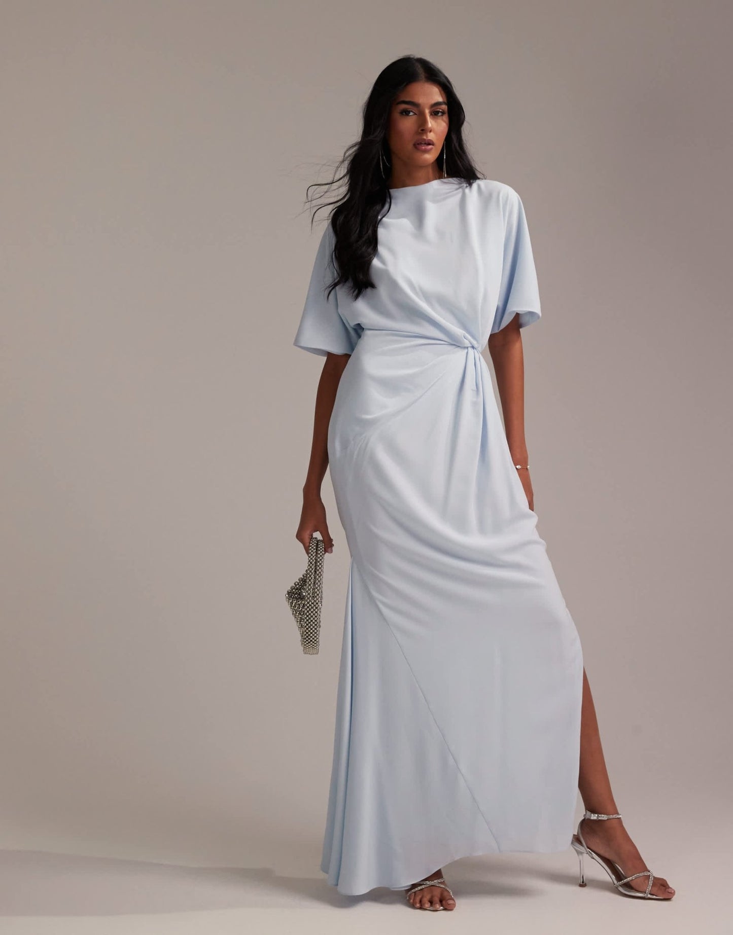 ASOS DESIGN Bridesmaids slash neck crepe t-shirt sleeve minimal drape maxi dress in light blue - ASOS Sample Sale