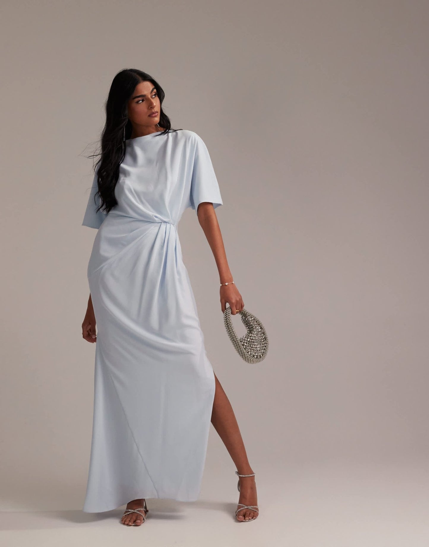 ASOS DESIGN Bridesmaids slash neck crepe t-shirt sleeve minimal drape maxi dress in light blue - ASOS Sample Sale