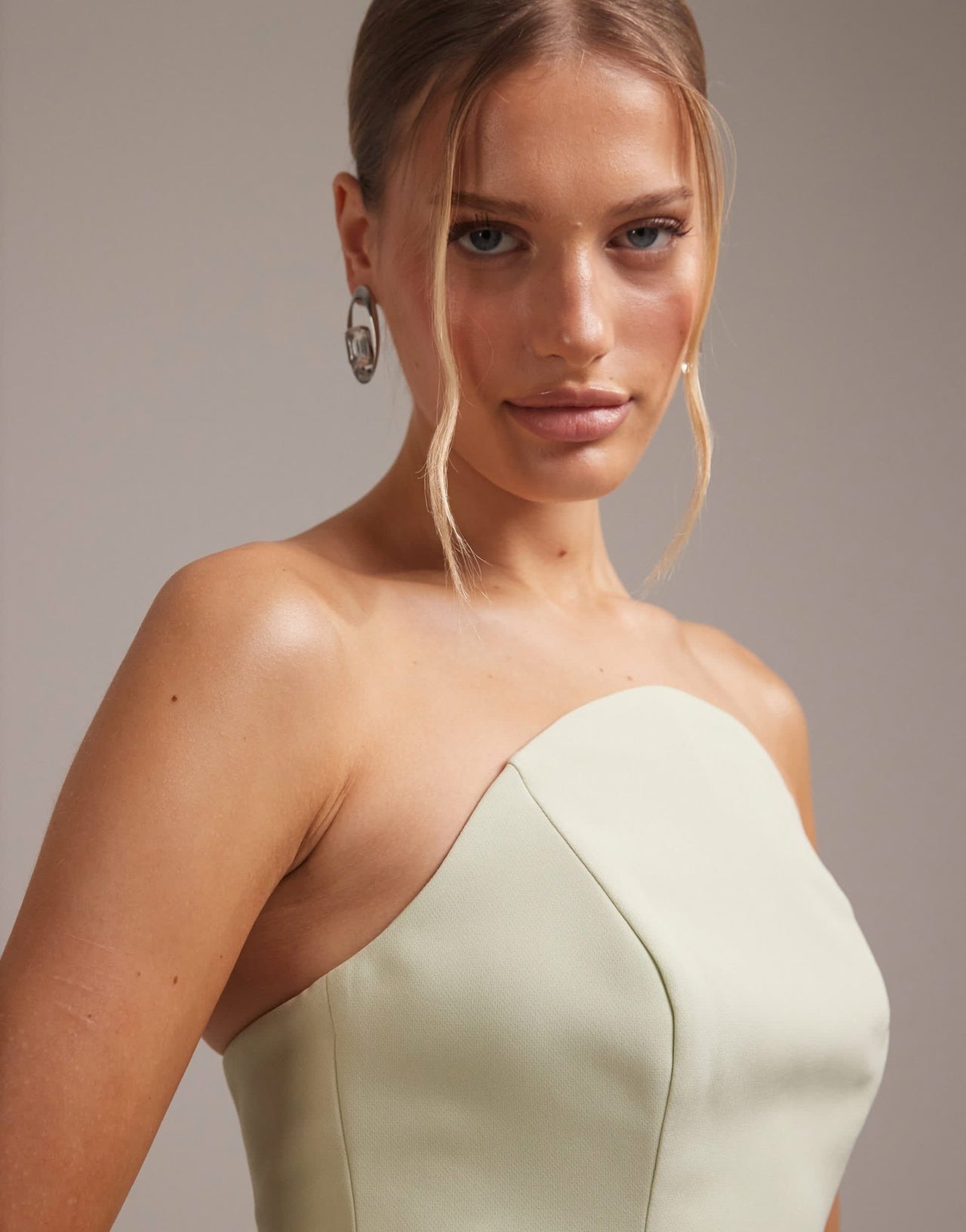 ASOS DESIGN bridesmaids structured crepe bandeau dress with high curved neckline in sage green - ASOS Sample Sale