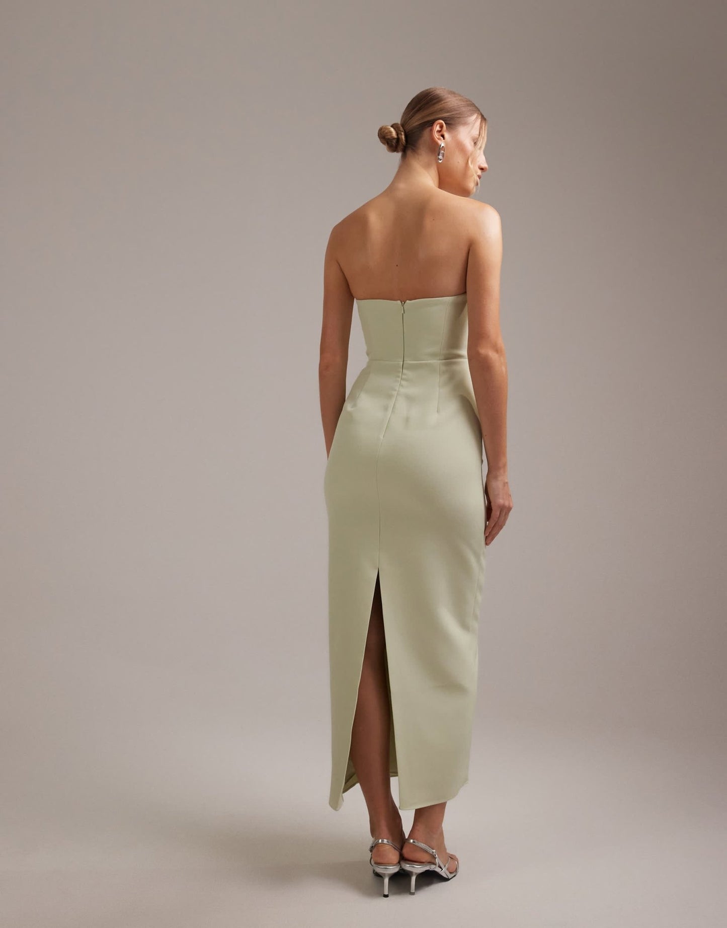 ASOS DESIGN bridesmaids structured crepe bandeau dress with high curved neckline in sage green - ASOS Sample Sale