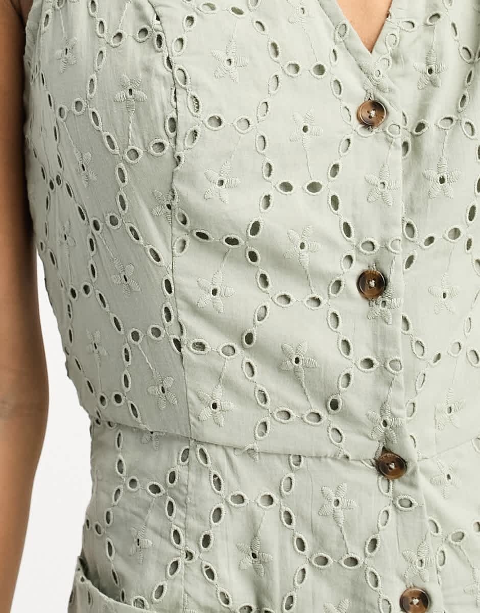 ASOS DESIGN brodeire button through playsuit in sage - ASOS Sample Sale