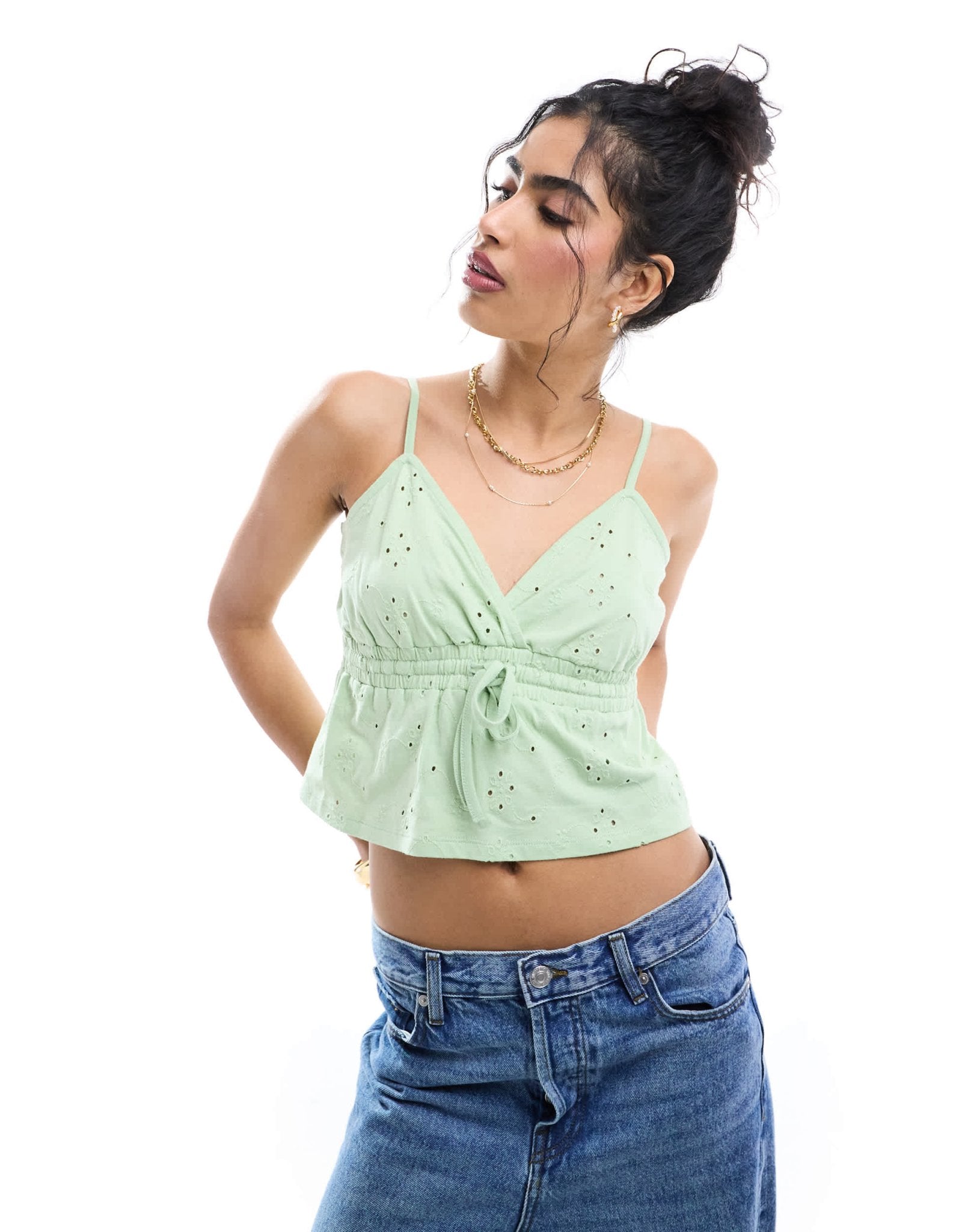 ASOS DESIGN broderie babydoll cami top in sage - ASOS Sample Sale