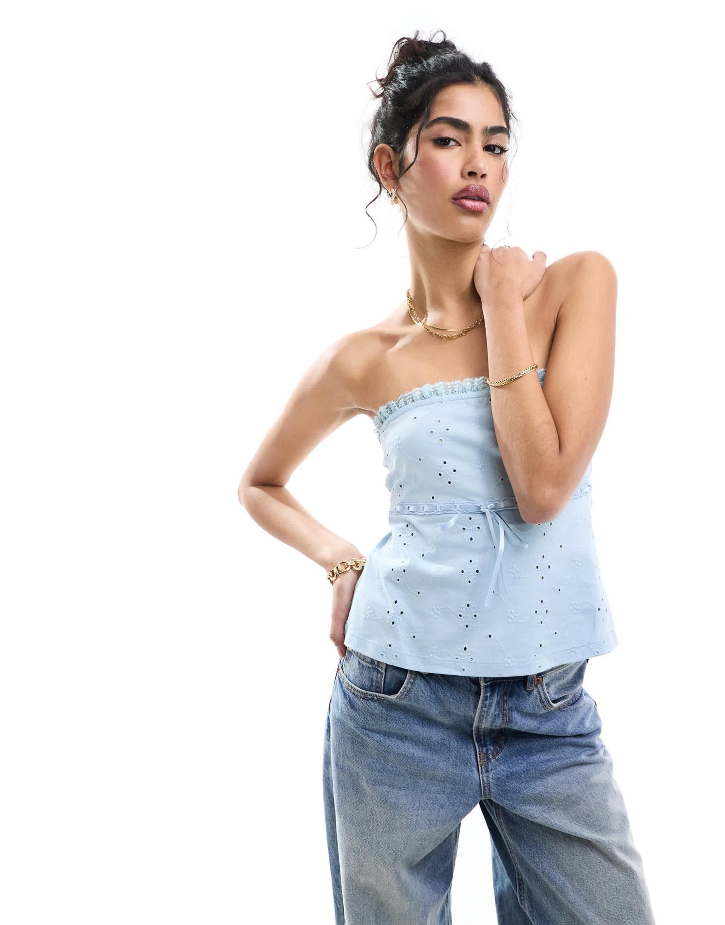 ASOS DESIGN broderie bandeau with ribbon detail in baby blue - ASOS Sample Sale