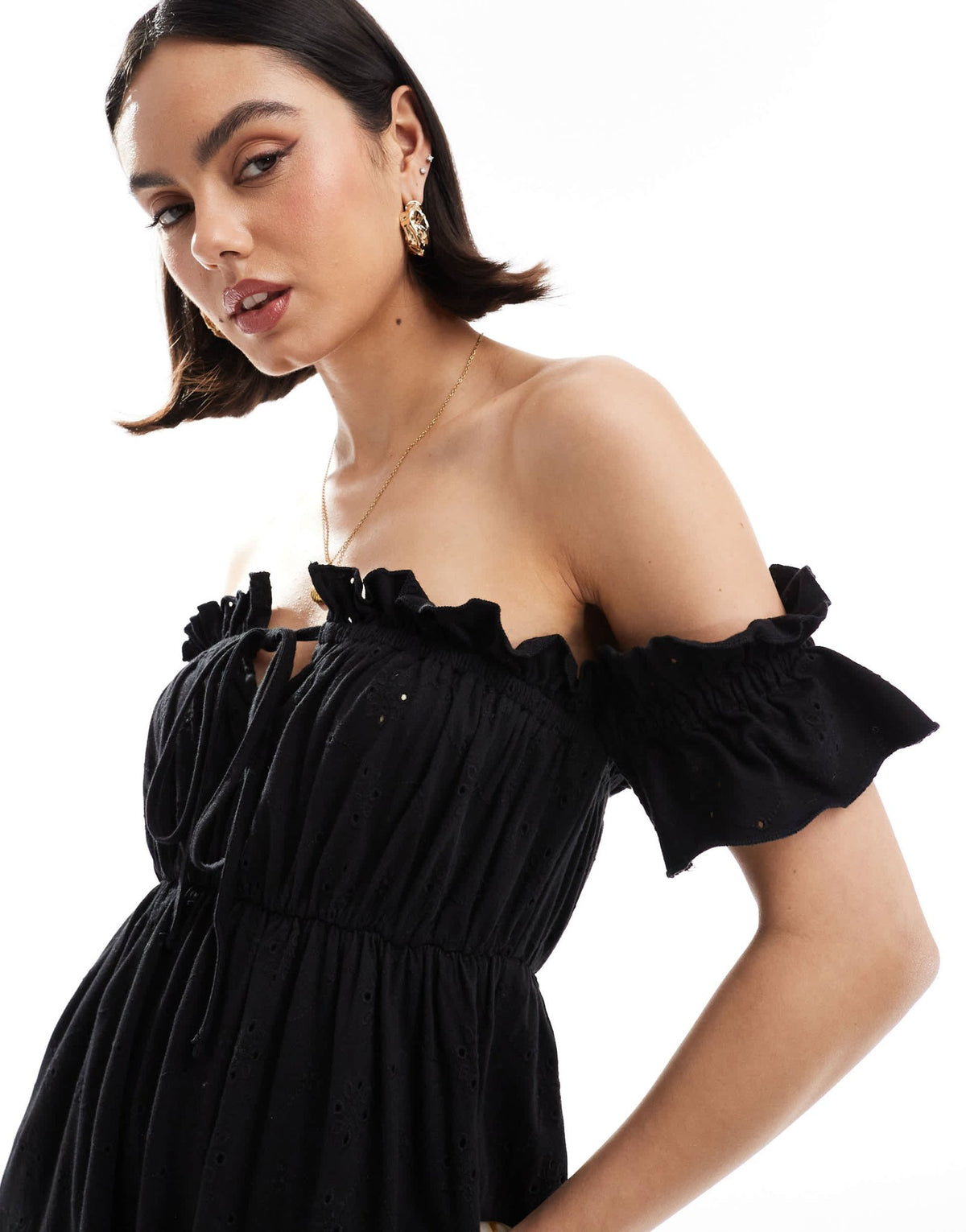 ASOS DESIGN broderie frill bardot maxi dress in black - ASOS Sample Sale