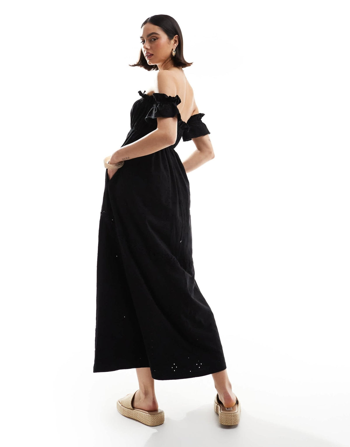 ASOS DESIGN broderie frill bardot maxi dress in black - ASOS Sample Sale
