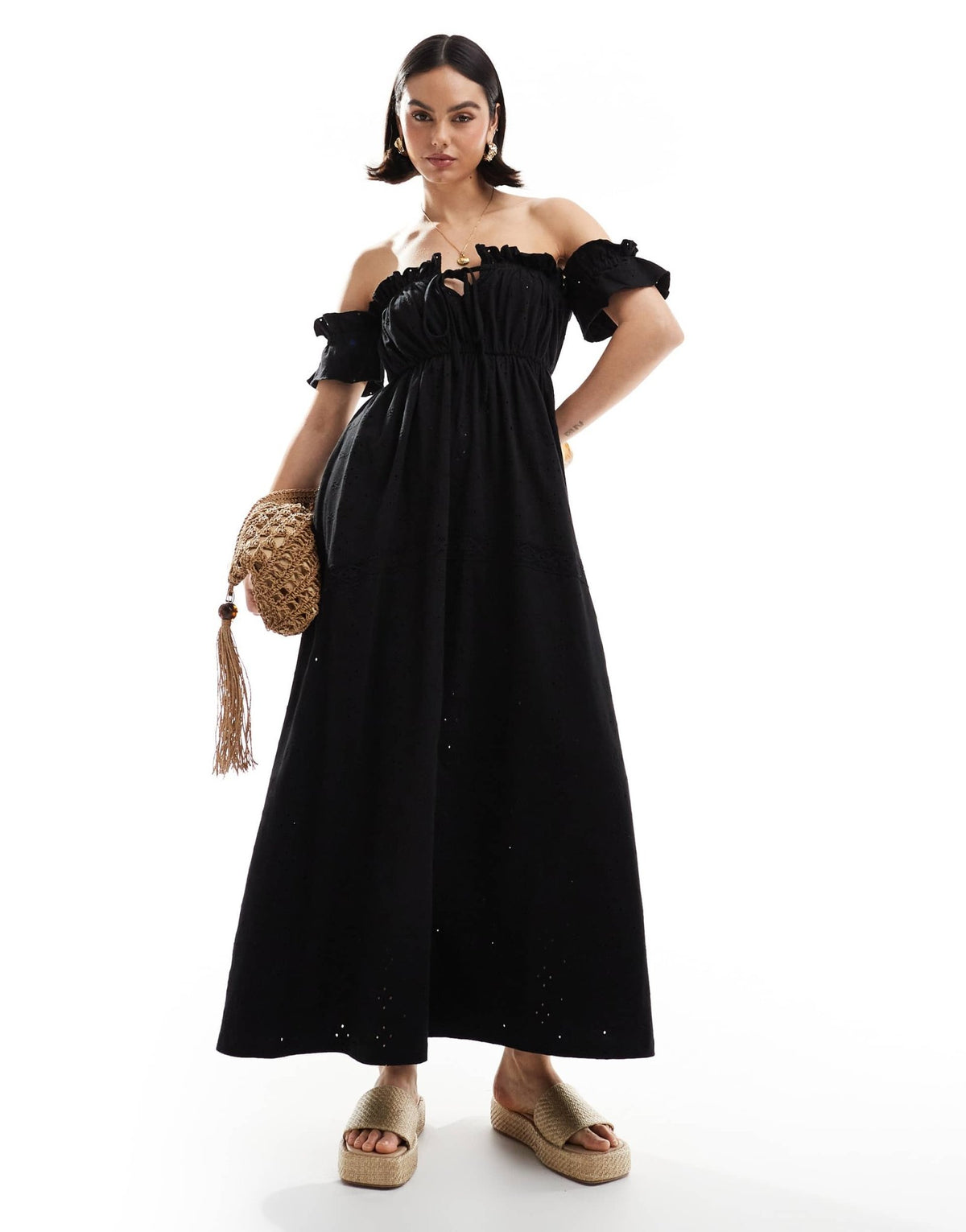 ASOS DESIGN broderie frill bardot maxi dress in black - ASOS Sample Sale