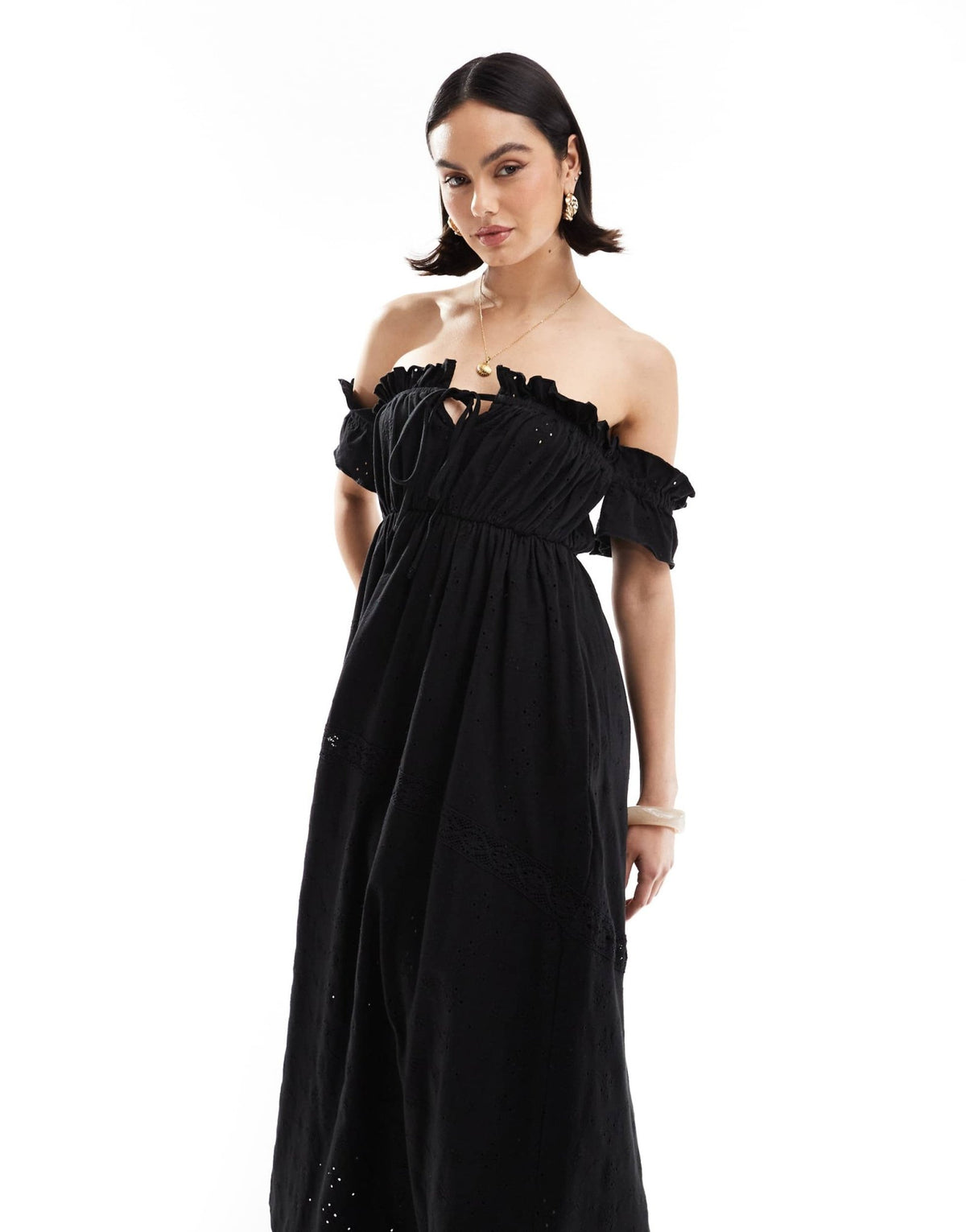 ASOS DESIGN broderie frill bardot maxi dress in black - ASOS Sample Sale