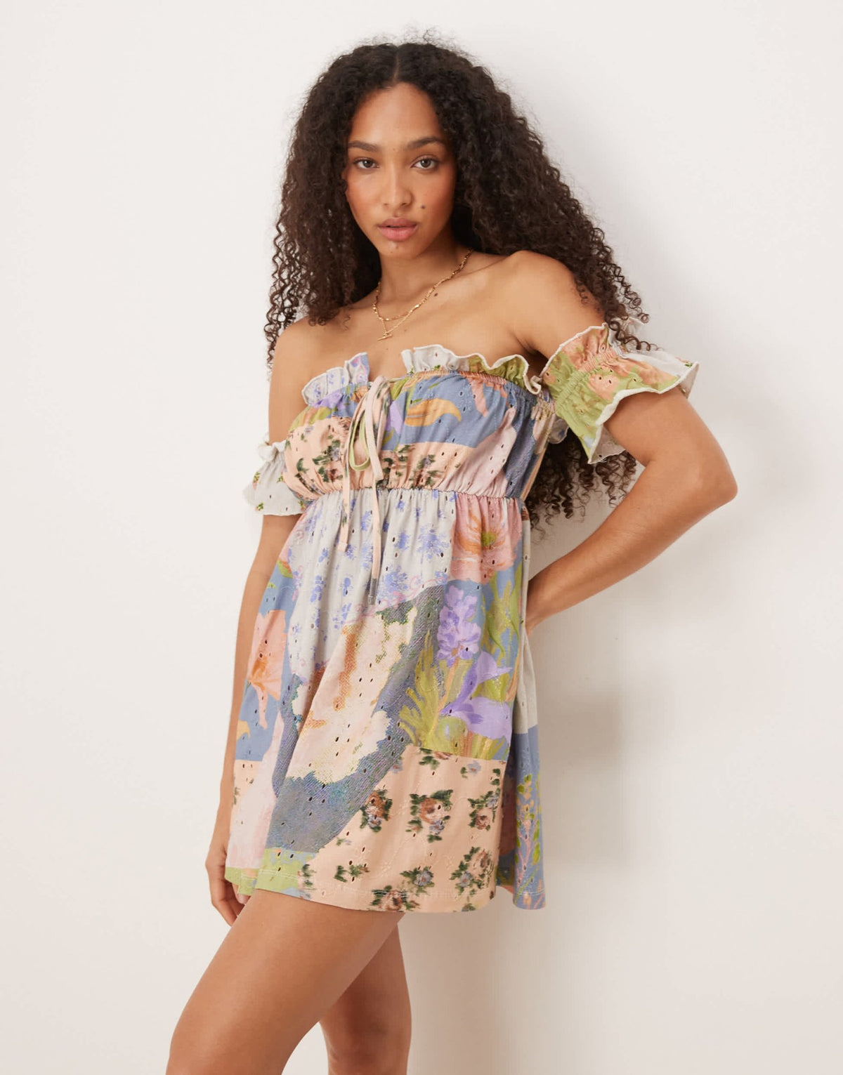 ASOS DESIGN broderie frill bardot mini dress in patchwork ditsy print - ASOS Sample Sale