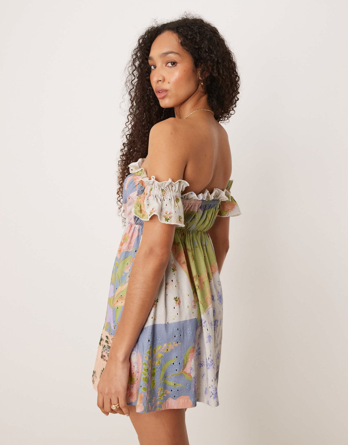 ASOS DESIGN broderie frill bardot mini dress in patchwork ditsy print - ASOS Sample Sale
