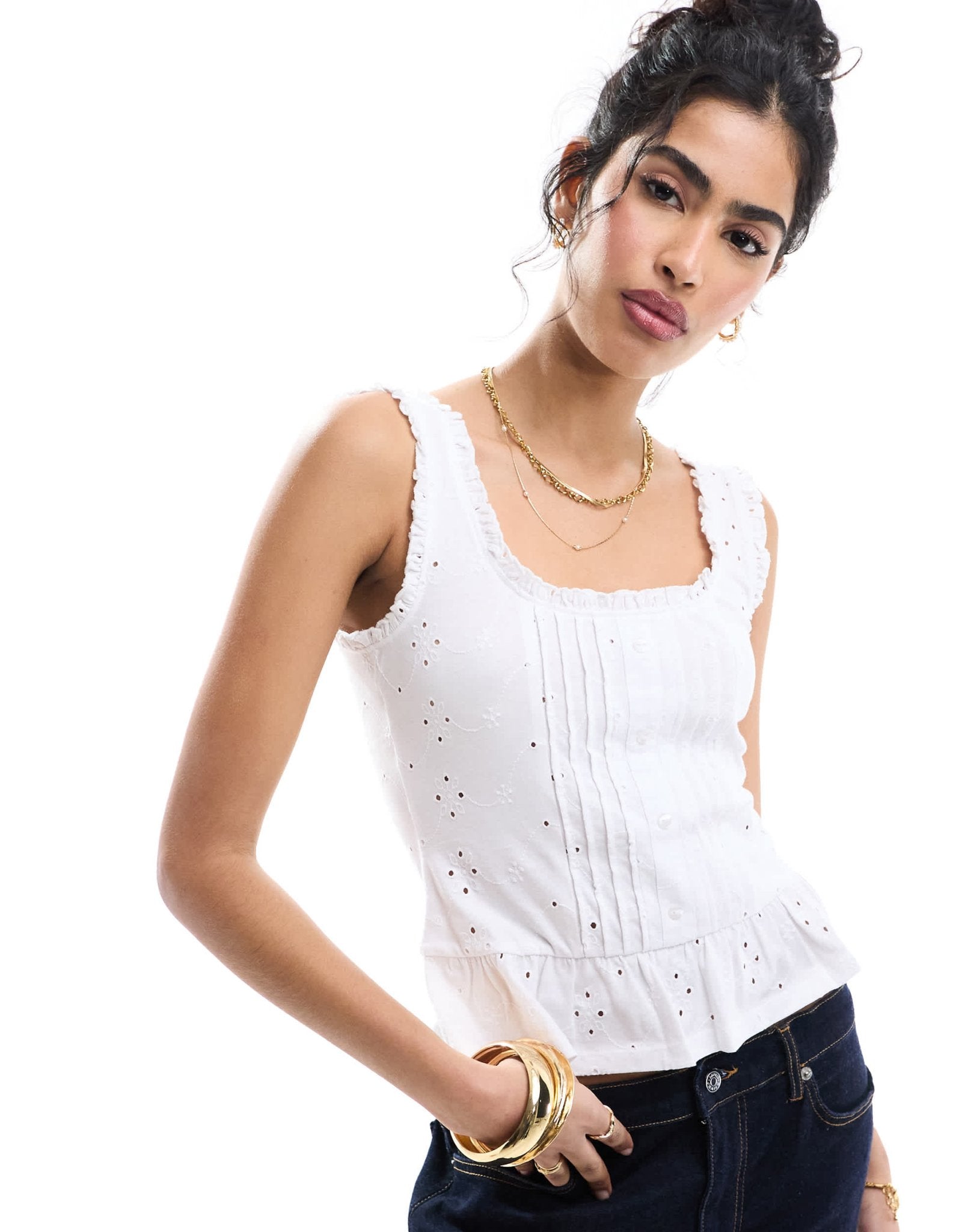 ASOS DESIGN broderie frill hem button down vest in white - ASOS Sample Sale