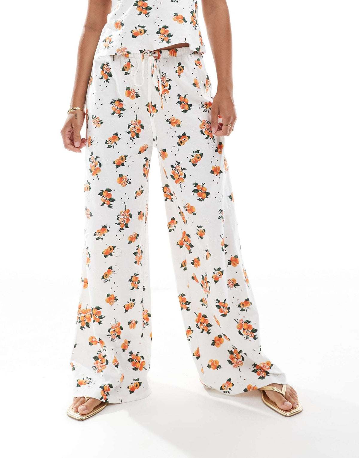 ASOS DESIGN broderie pyjama style trouser co-ord with tie waist in white orange print - ASOS Sample Sale