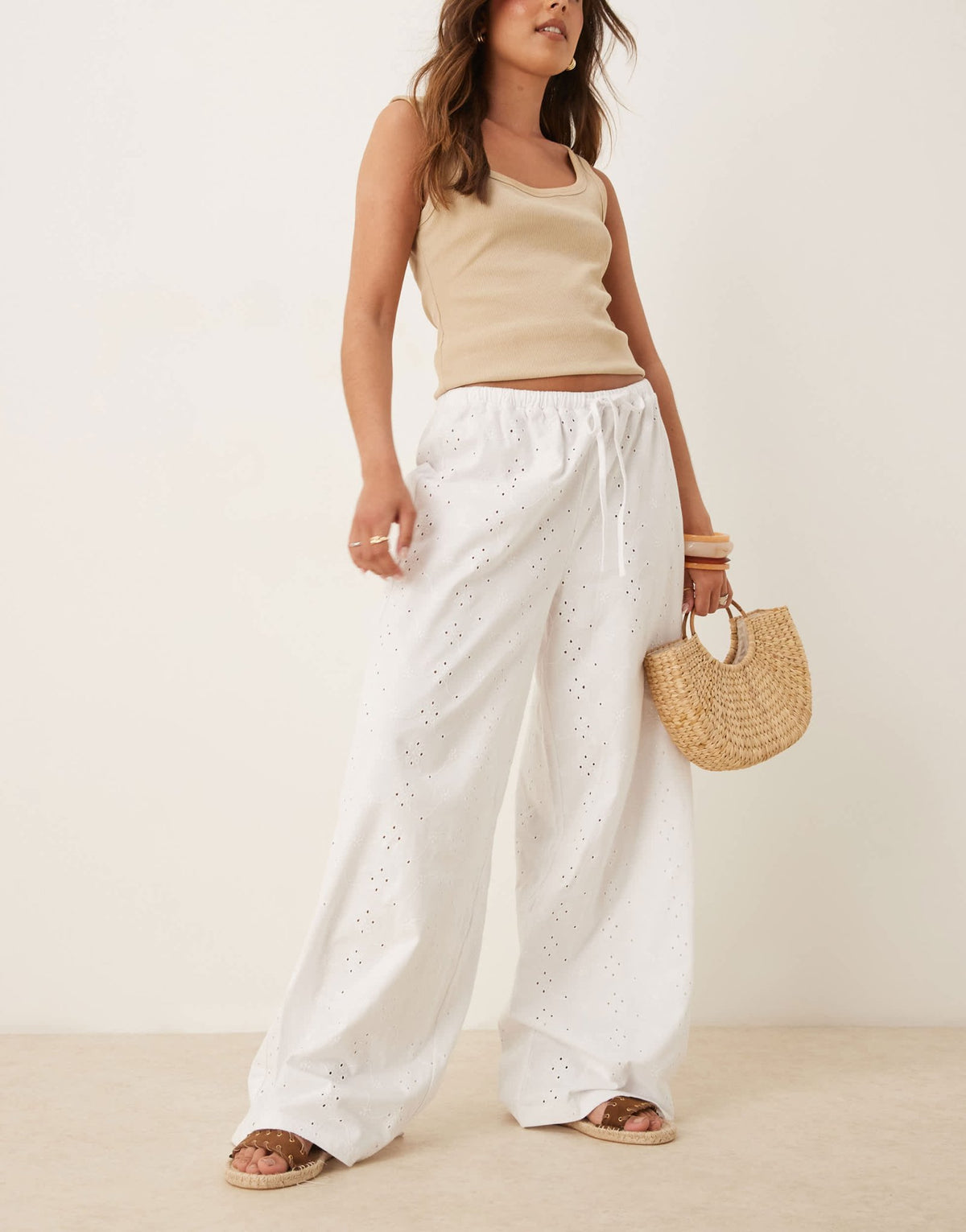 ASOS DESIGN broderie pyjama style trouser with tie waist in white - ASOS Sample Sale