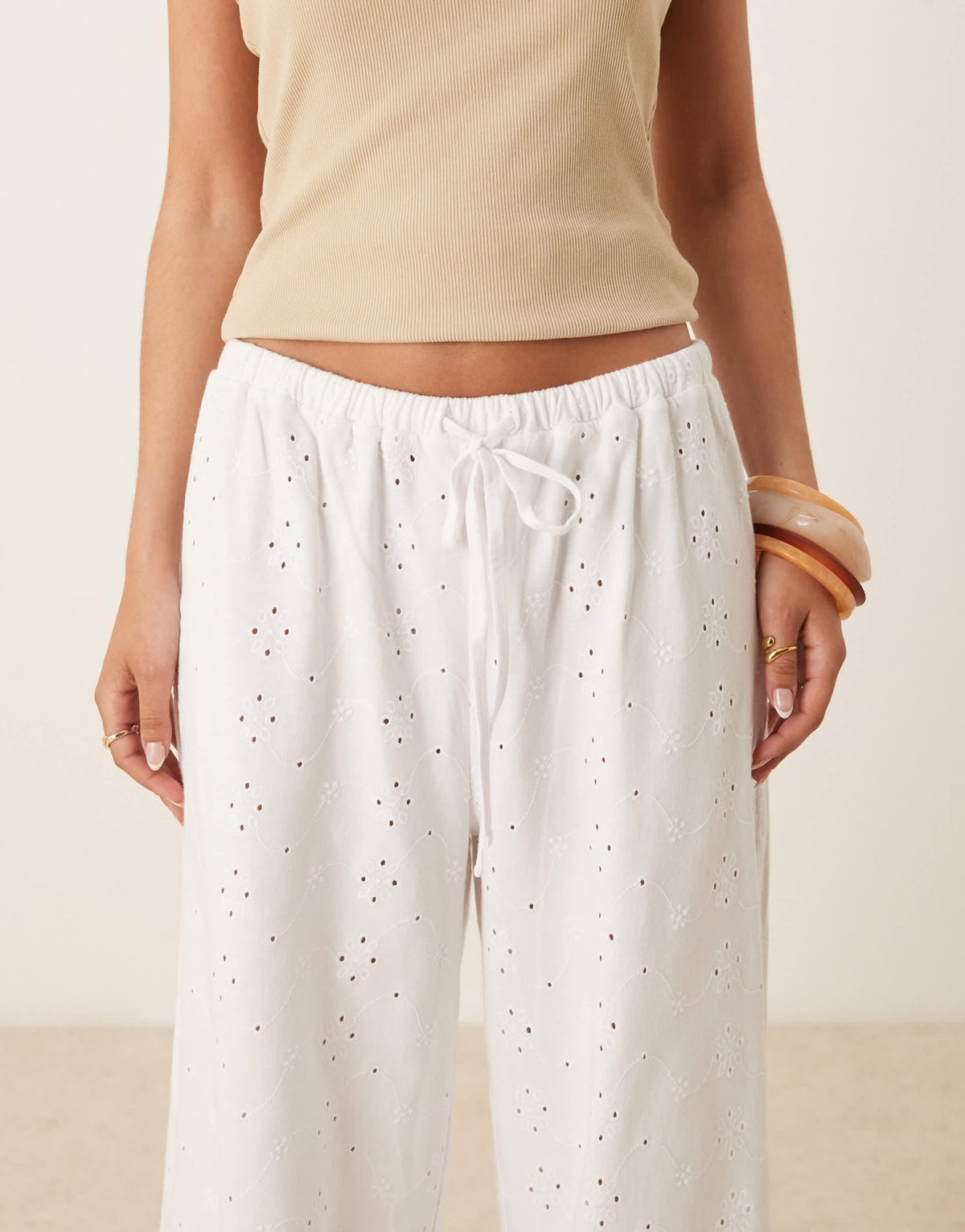 ASOS DESIGN broderie pyjama style trouser with tie waist in white - ASOS Sample Sale
