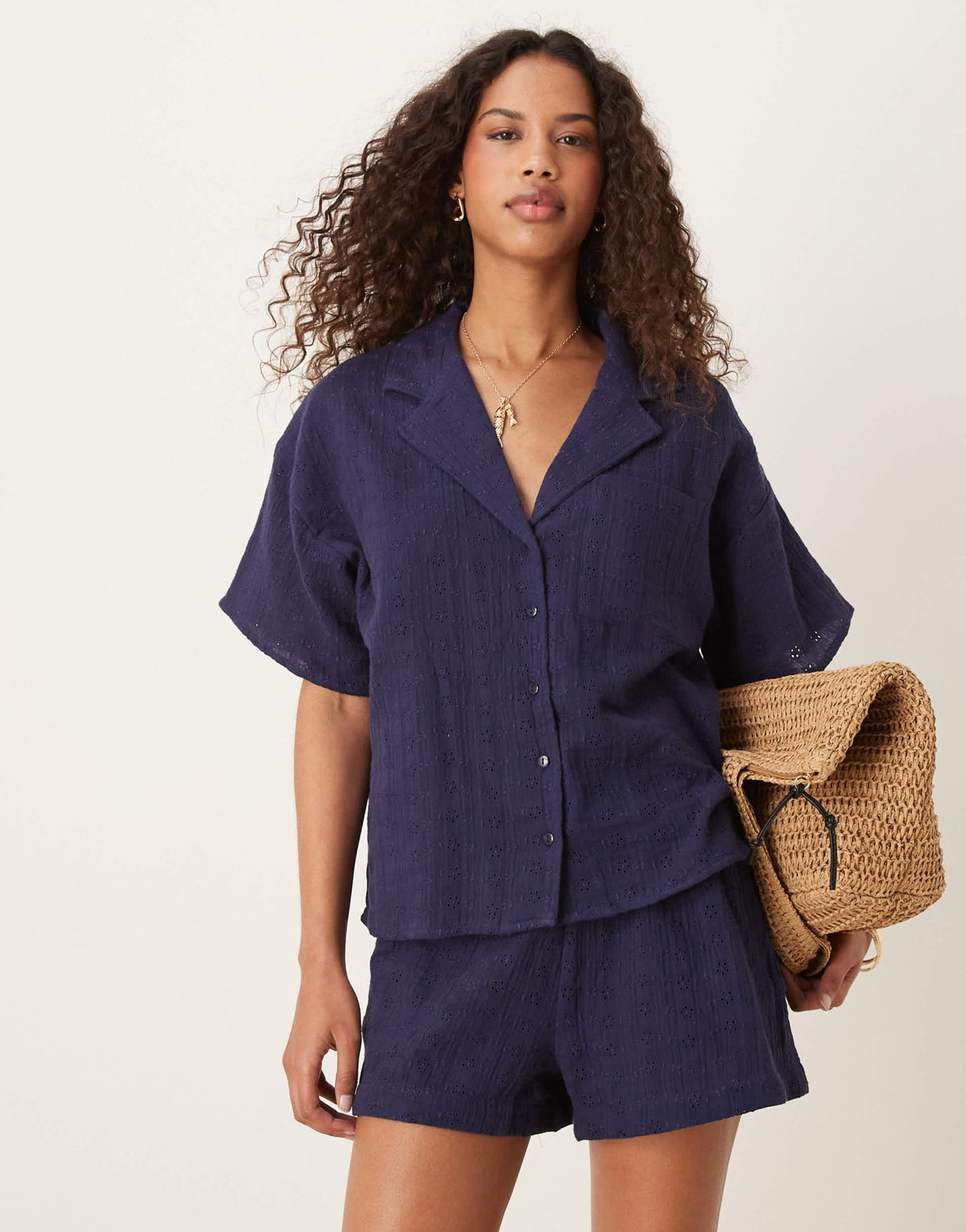ASOS DESIGN broderie revere collar co-ord shirt in navy - ASOS Sample Sale