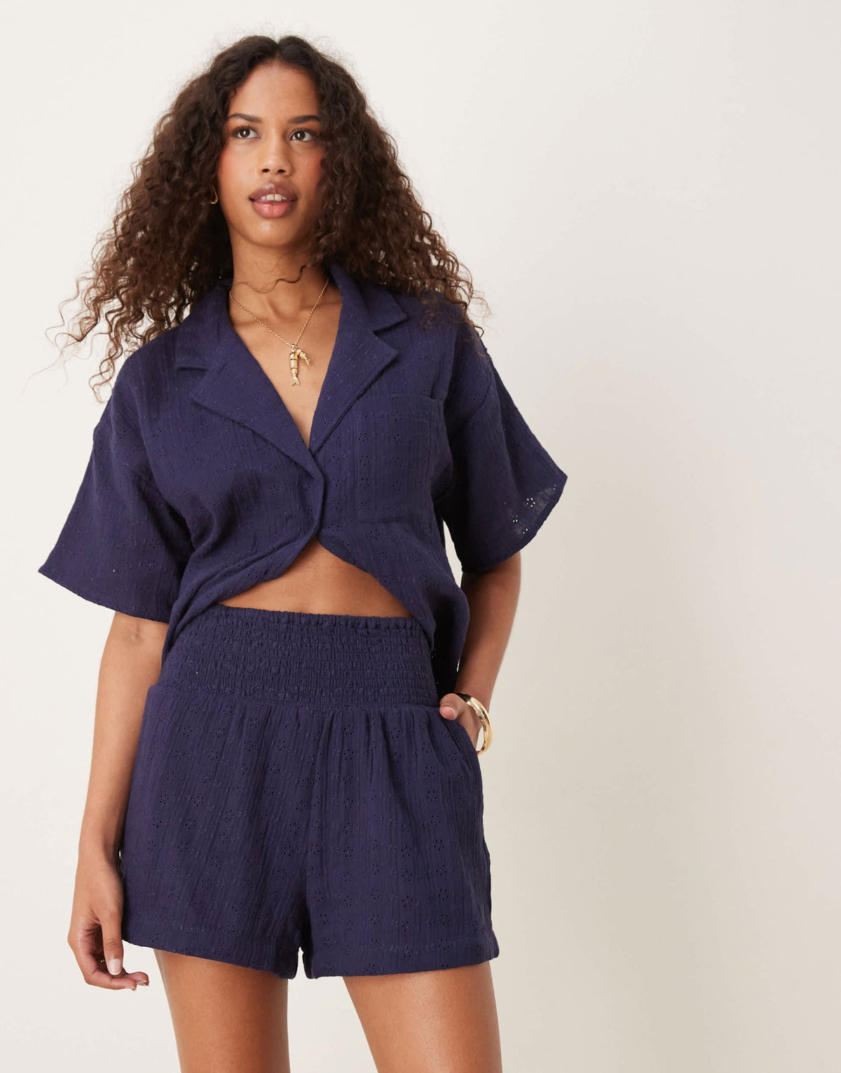 ASOS DESIGN broderie shirred waist co-ord short in navy - ASOS Sample Sale