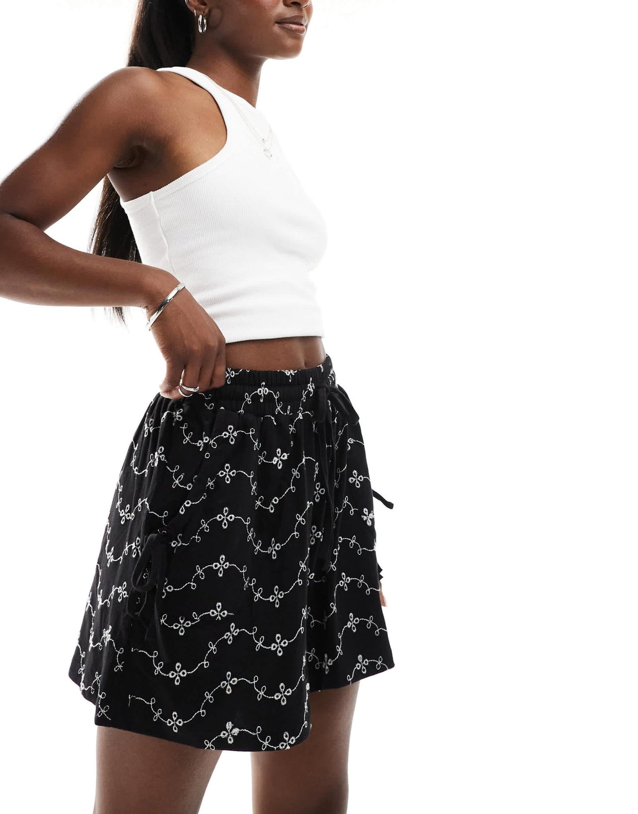 ASOS DESIGN broderie shorts with tie pockets in black/white - ASOS Sample Sale