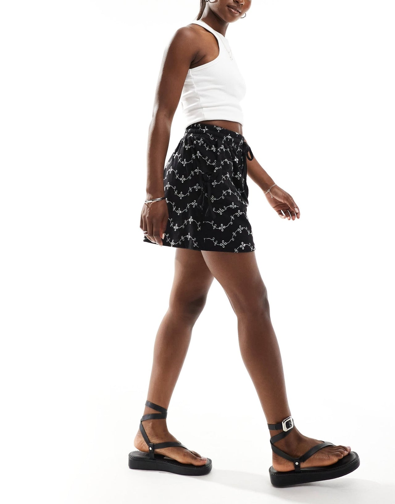 ASOS DESIGN broderie shorts with tie pockets in black/white - ASOS Sample Sale