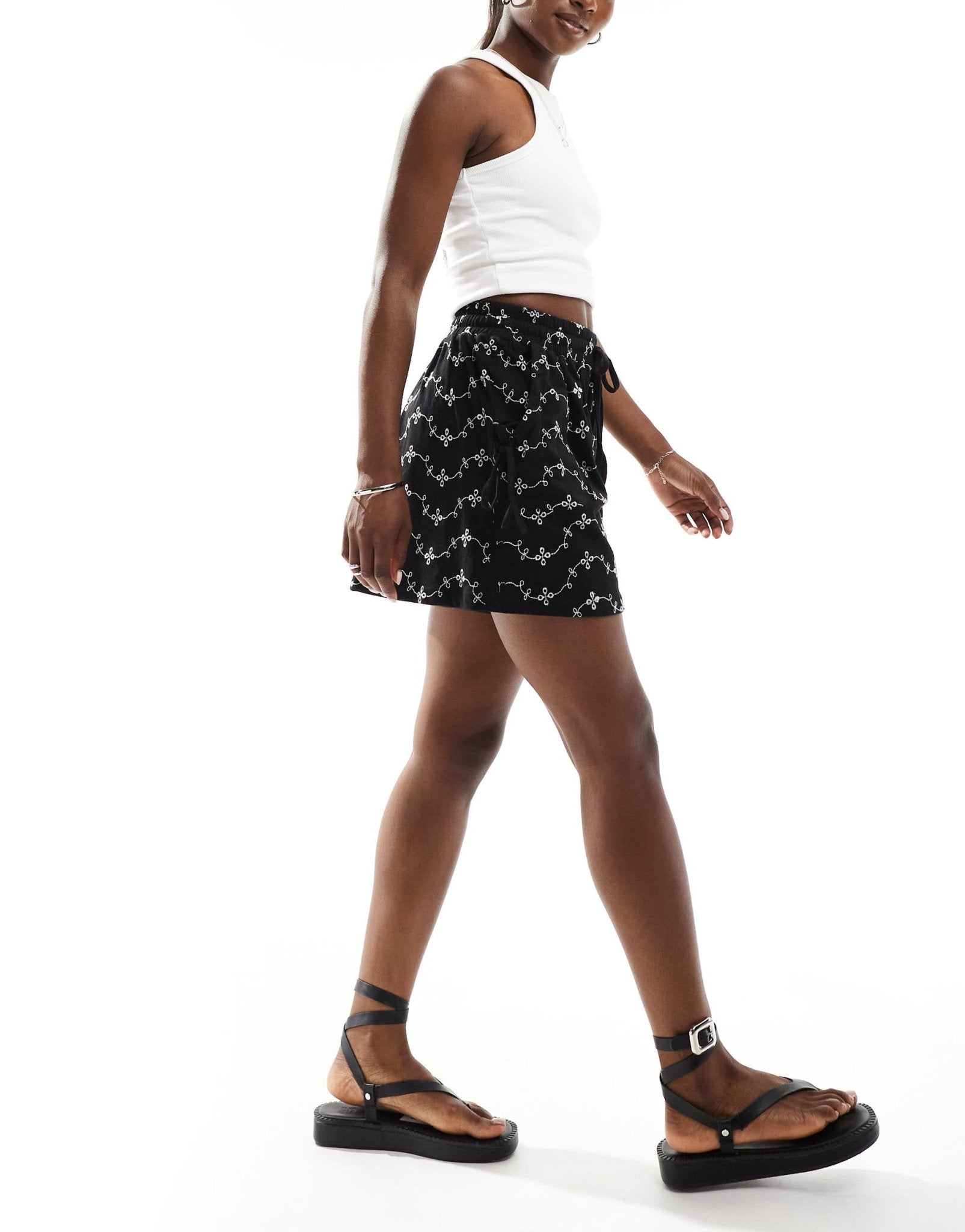 ASOS DESIGN broderie shorts with tie pockets in black/white - ASOS Sample Sale