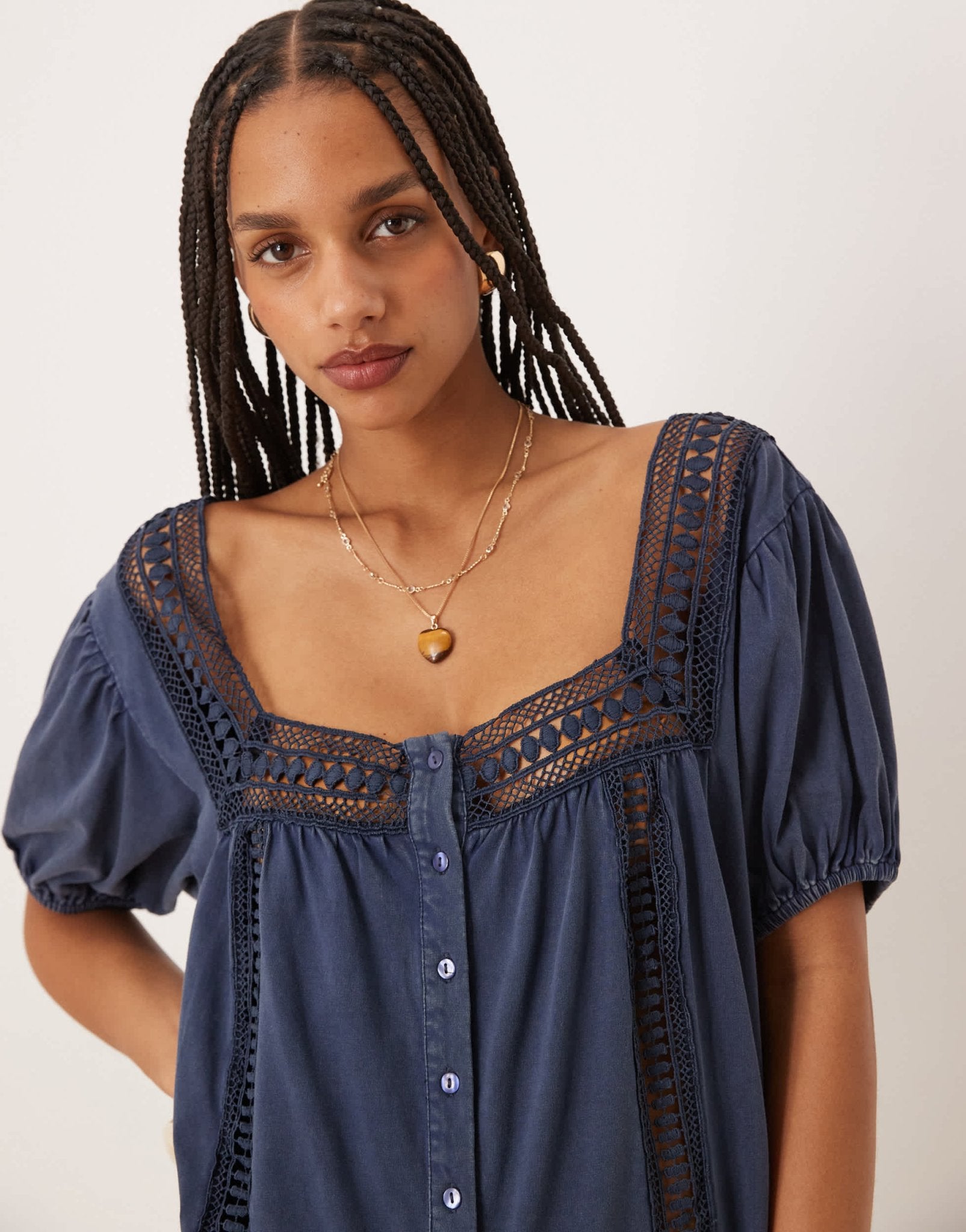 ASOS DESIGN broderie square neck button down puff sleeve playsuit in washed denim blue - ASOS Sample Sale