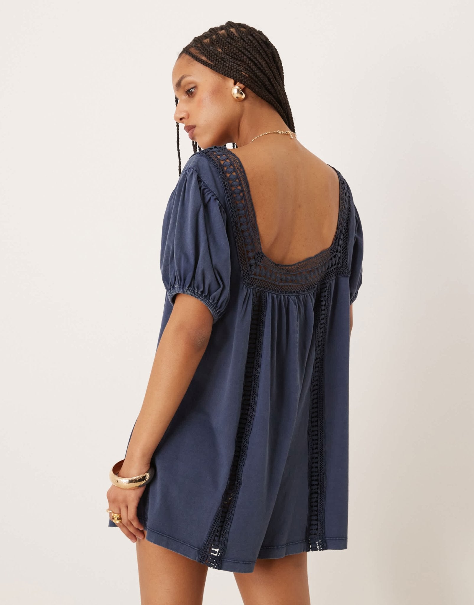 ASOS DESIGN broderie square neck button down puff sleeve playsuit in washed denim blue - ASOS Sample Sale