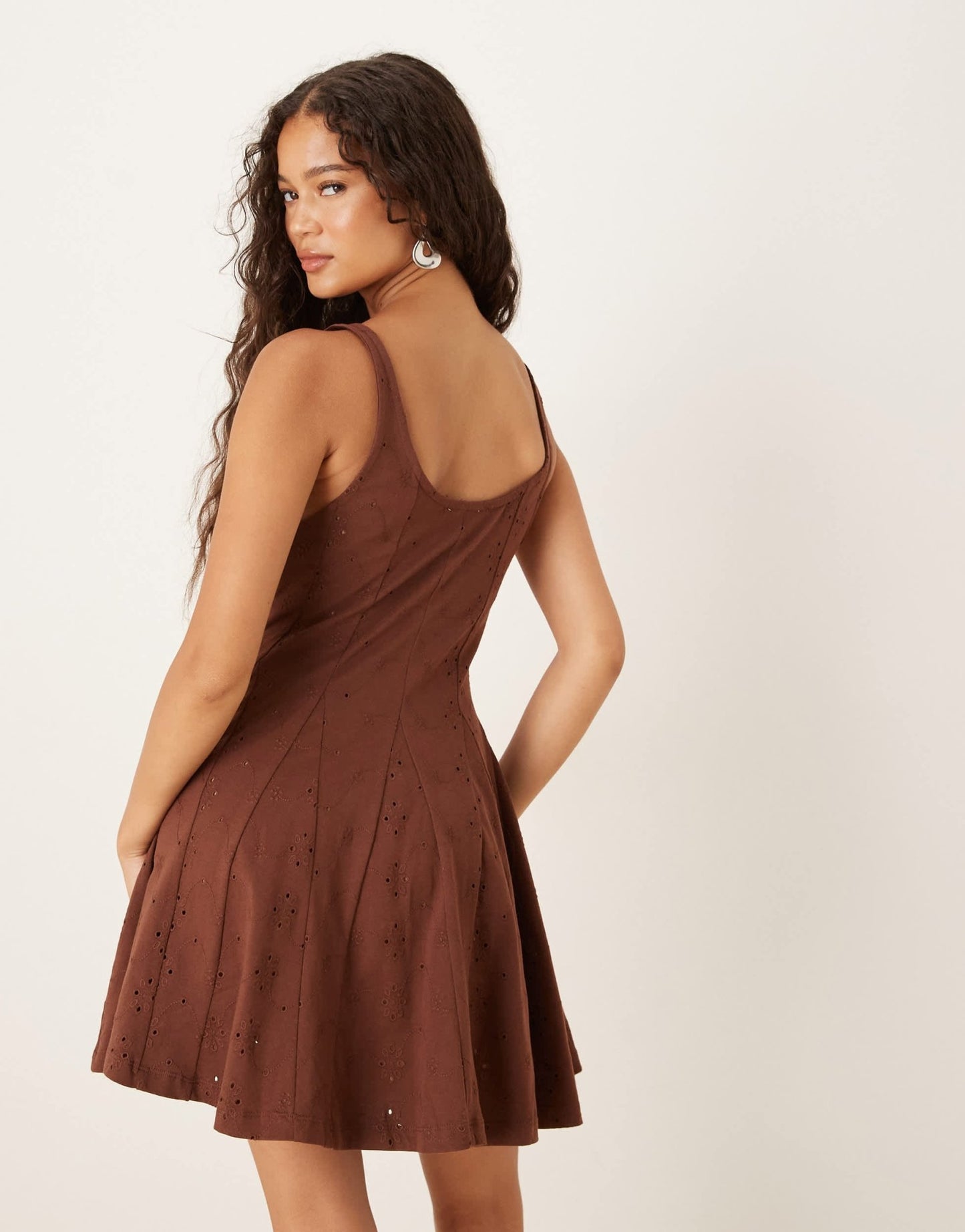 ASOS DESIGN broderie square neck godet mini dress in chocolate - ASOS Sample Sale