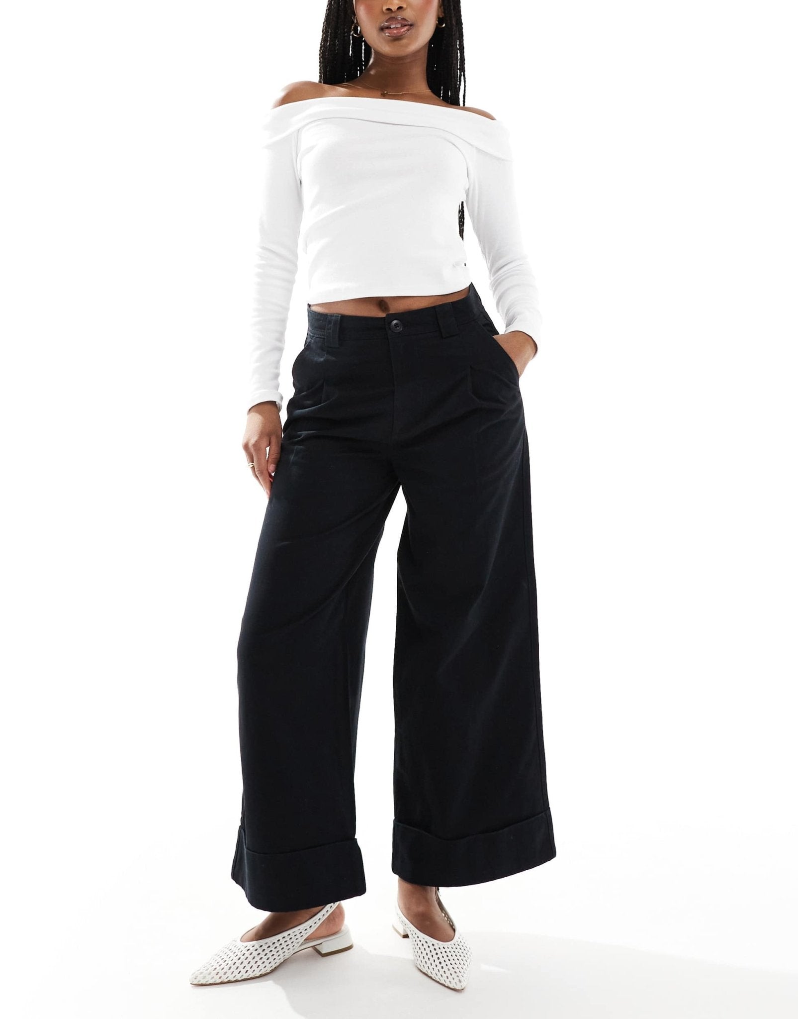 ASOS DESIGN brushed wide leg turn up ankle grazer in black - ASOS Sample Sale
