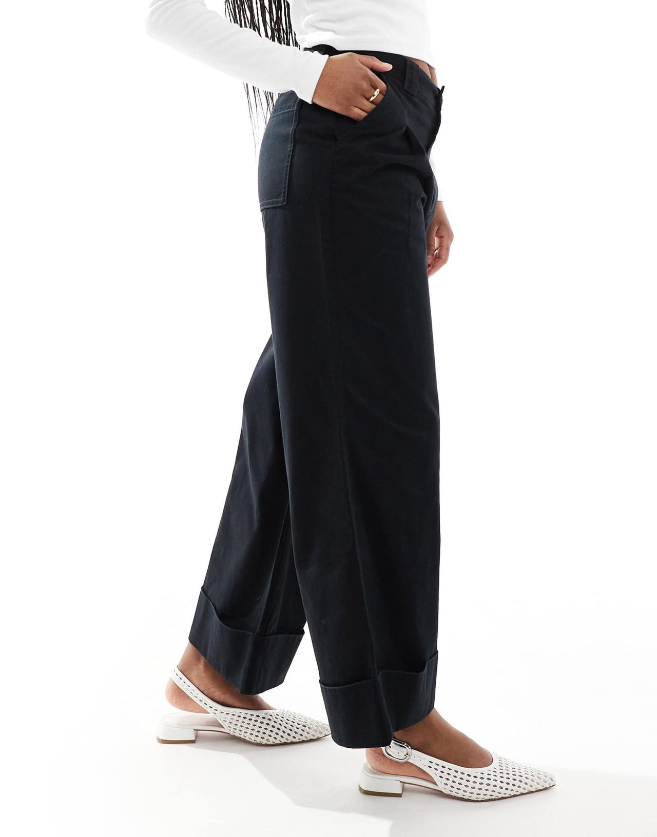 ASOS DESIGN brushed wide leg turn up ankle grazer in black - ASOS Sample Sale