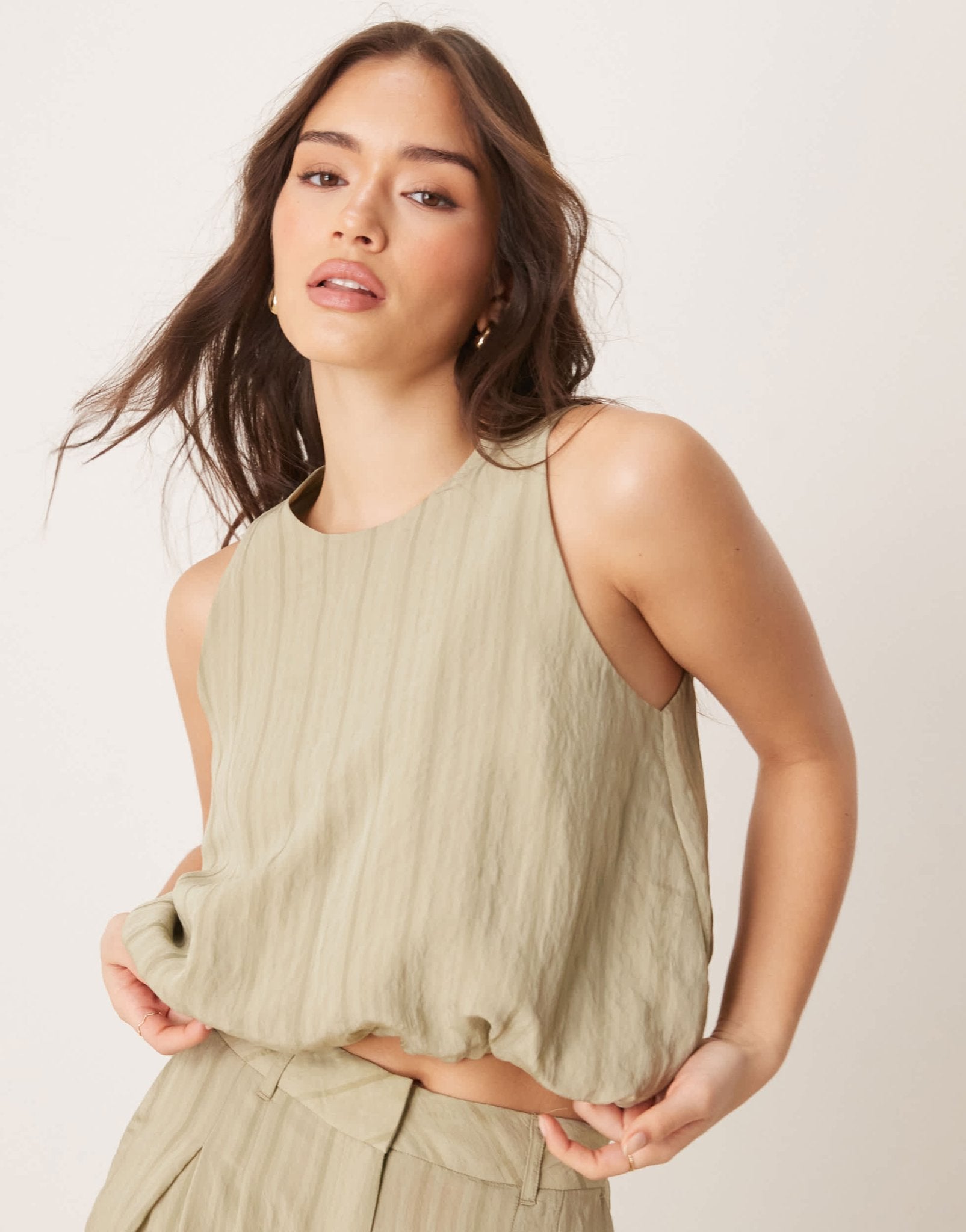 ASOS DESIGN bubble hem top co-ord in green tonal stripe - ASOS Sample Sale