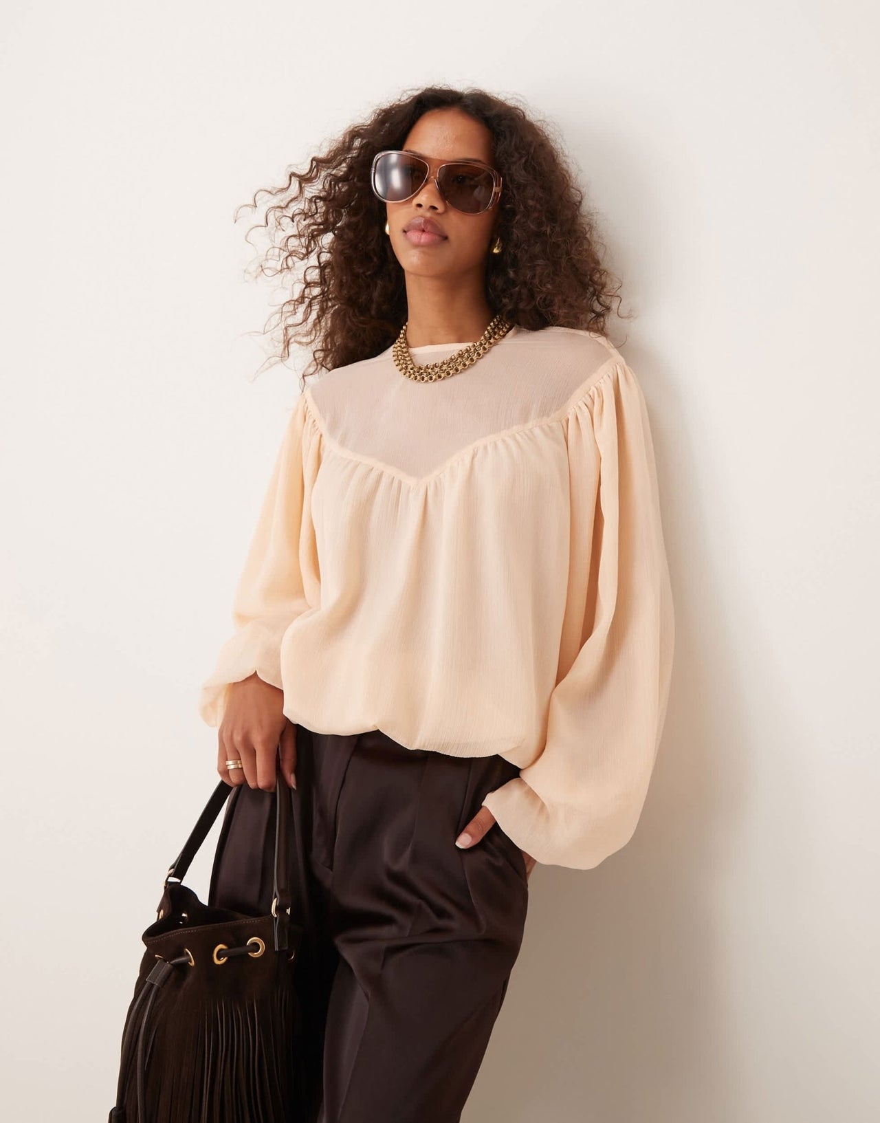 ASOS DESIGN bubble hem top with sheer yoke detail in peach - ASOS Sample Sale