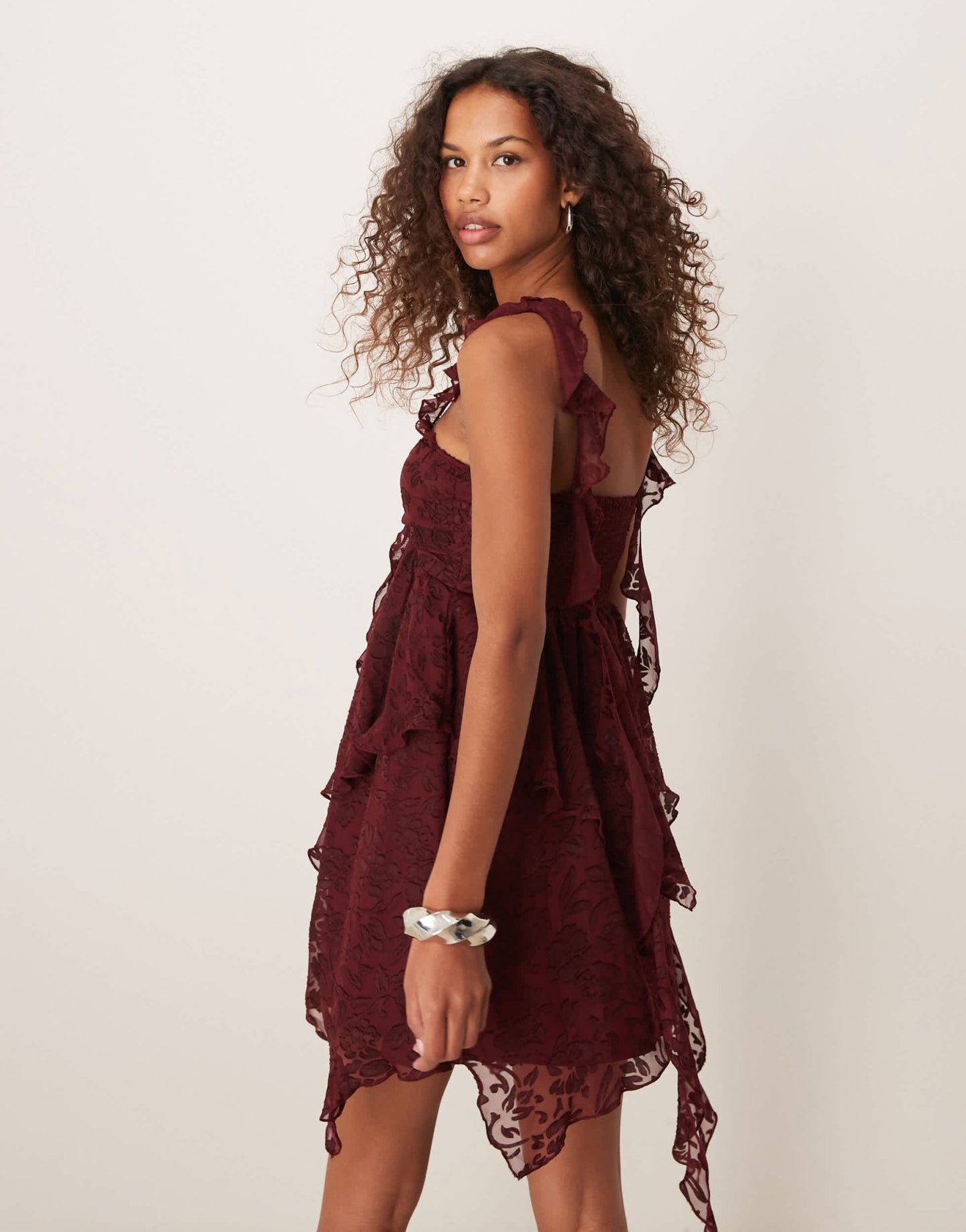 ASOS DESIGN burnout and lace tiered hanki hem mini dress with tendrils in burgundy - ASOS Sample Sale