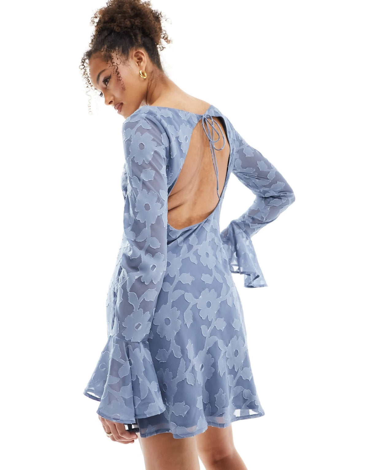 ASOS DESIGN burnout mini dress with flared sleeves and open back in washed blue - ASOS Sample Sale