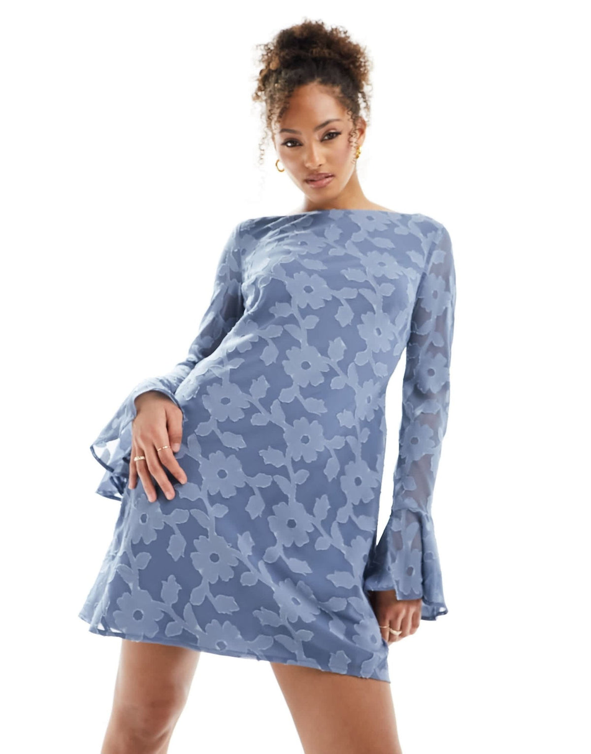 ASOS DESIGN burnout mini dress with flared sleeves and open back in washed blue - ASOS Sample Sale
