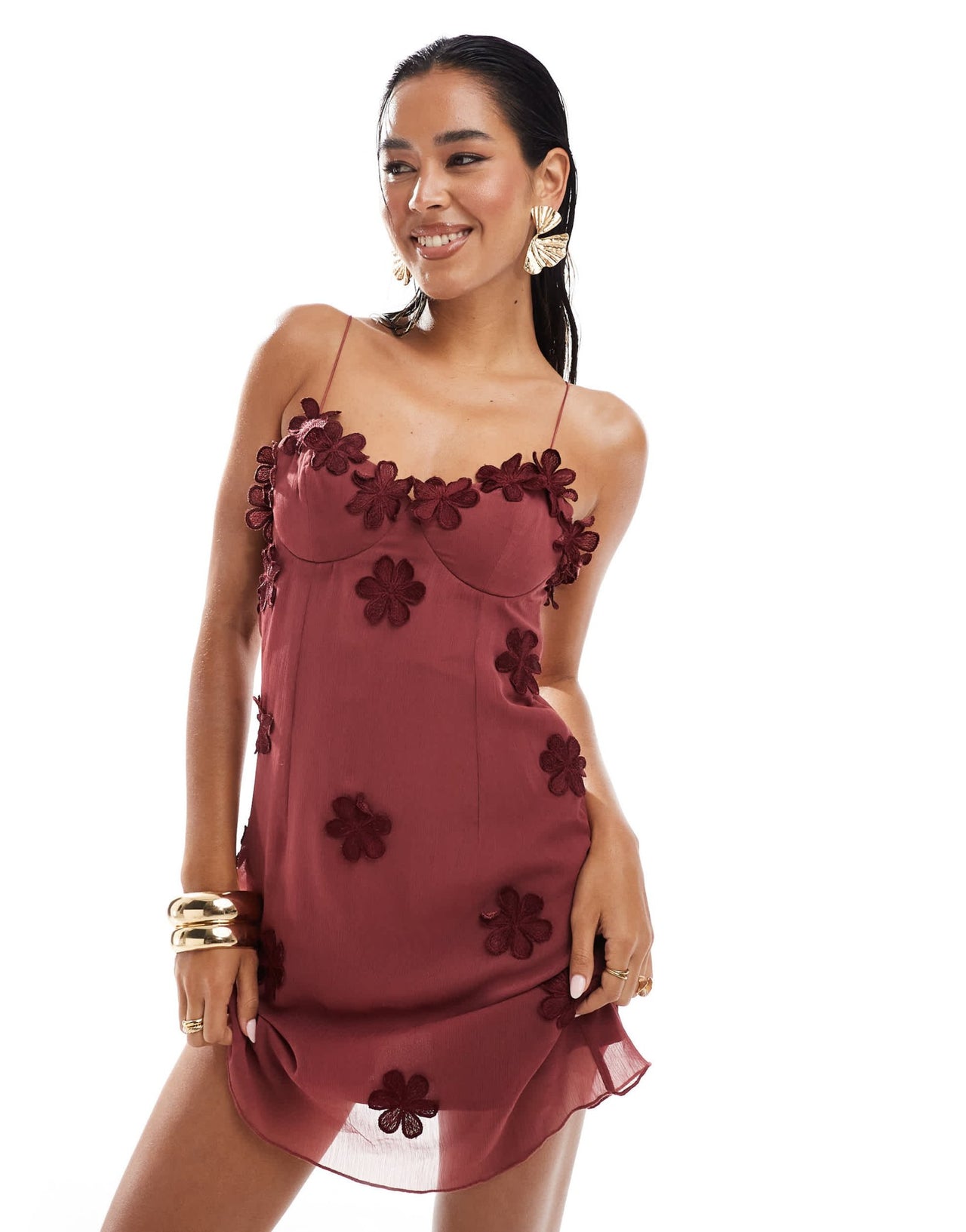 ASOS DESIGN bust cup floral embroidered mini dress in cherry red - ASOS Sample Sale