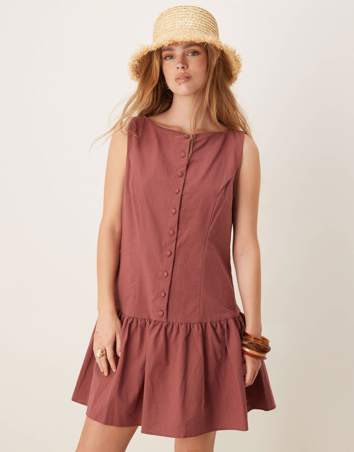ASOS DESIGN button down dropped waist mini dress with straight neck in washed burgundy - ASOS Sample Sale