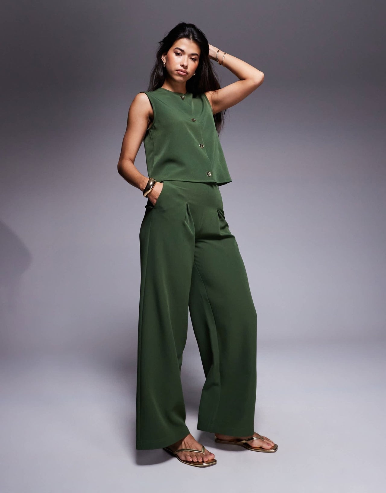 ASOS DESIGN button front sleeveless co-ord top in khaki - ASOS Sample Sale