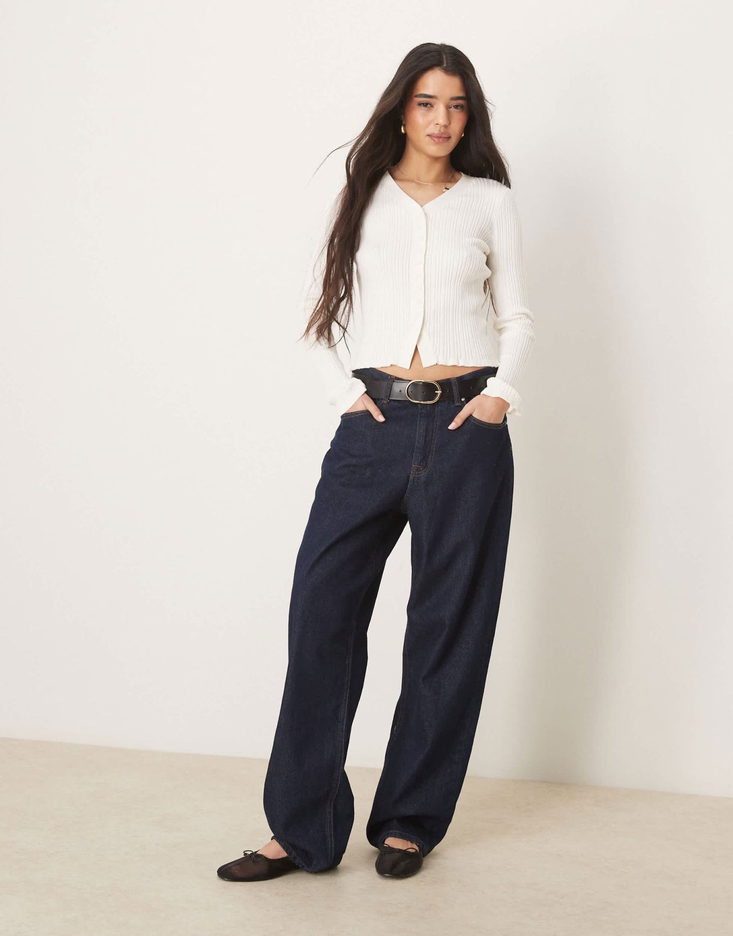 ASOS DESIGN button front v neck cardigan with frill in rib in cream - ASOS Sample Sale