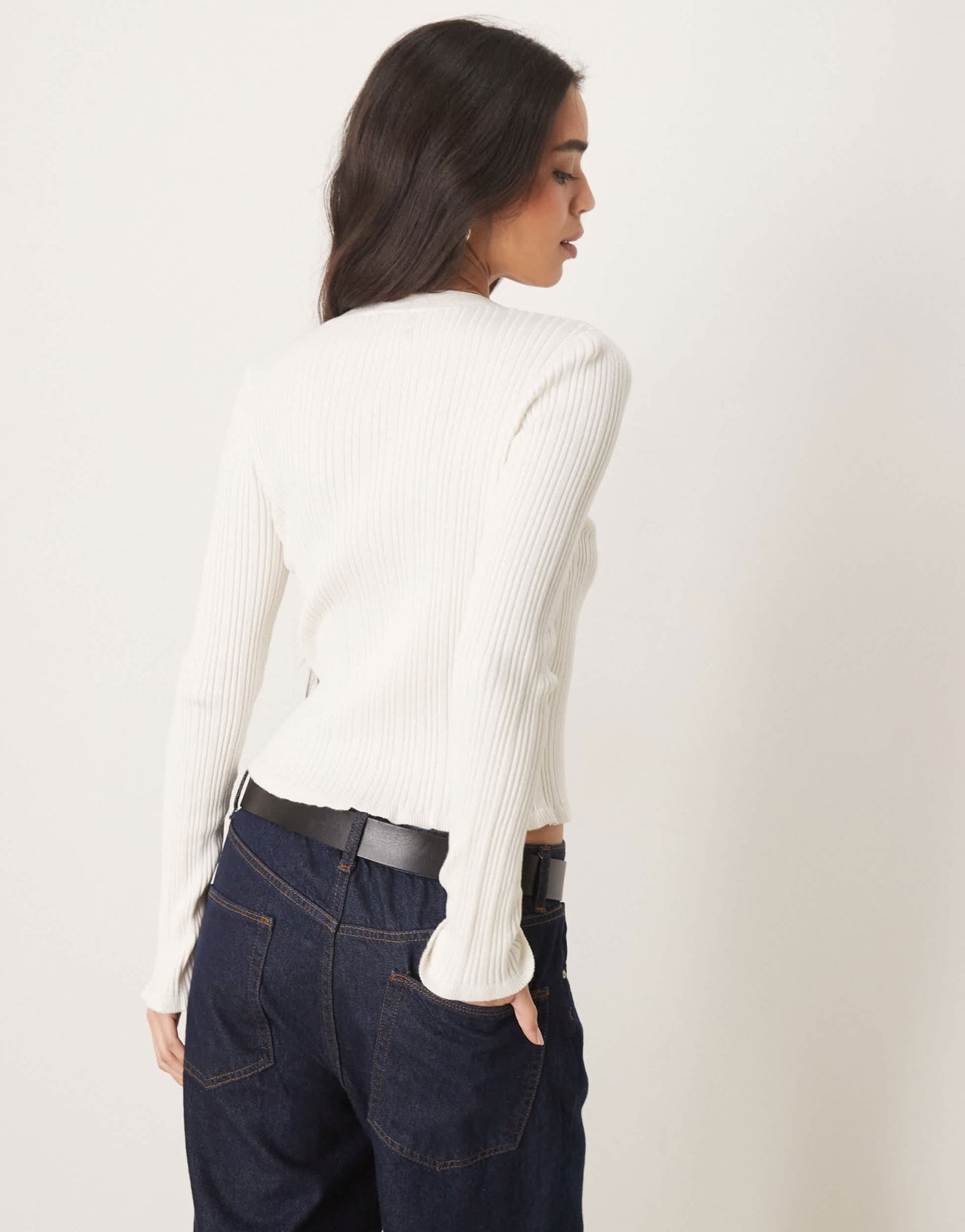 ASOS DESIGN button front v neck cardigan with frill in rib in cream - ASOS Sample Sale