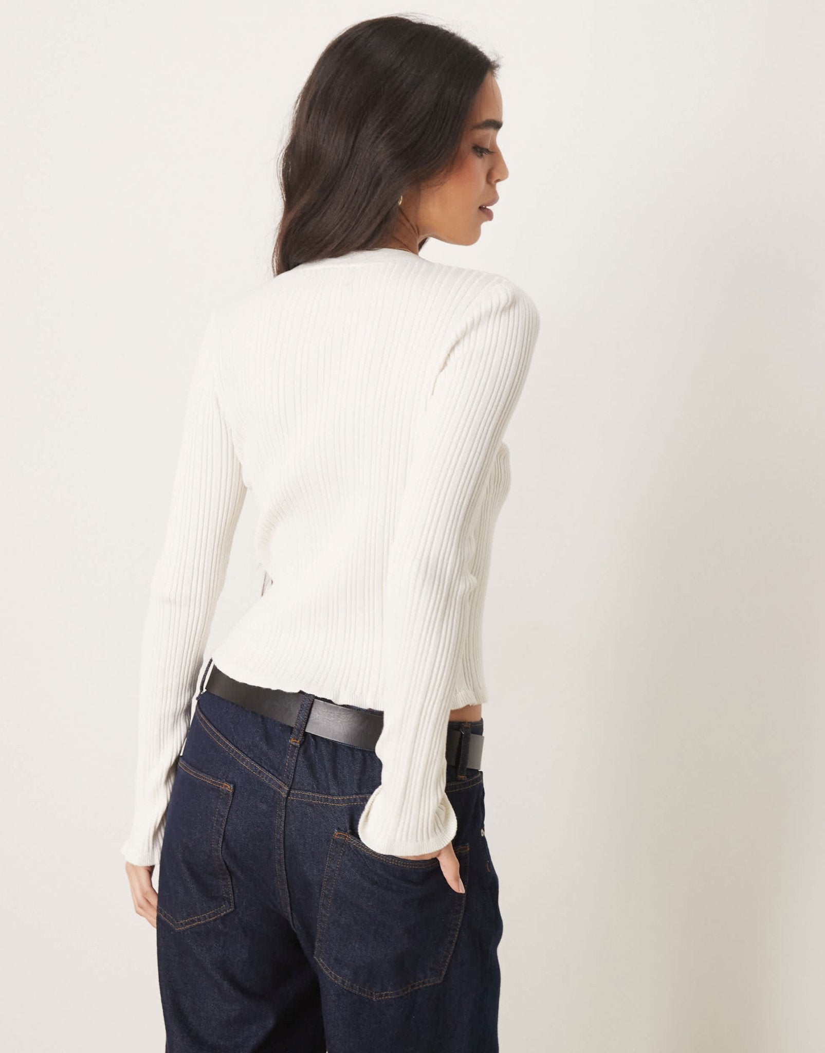 ASOS DESIGN button front v neck cardigan with frill in rib in cream - ASOS Sample Sale