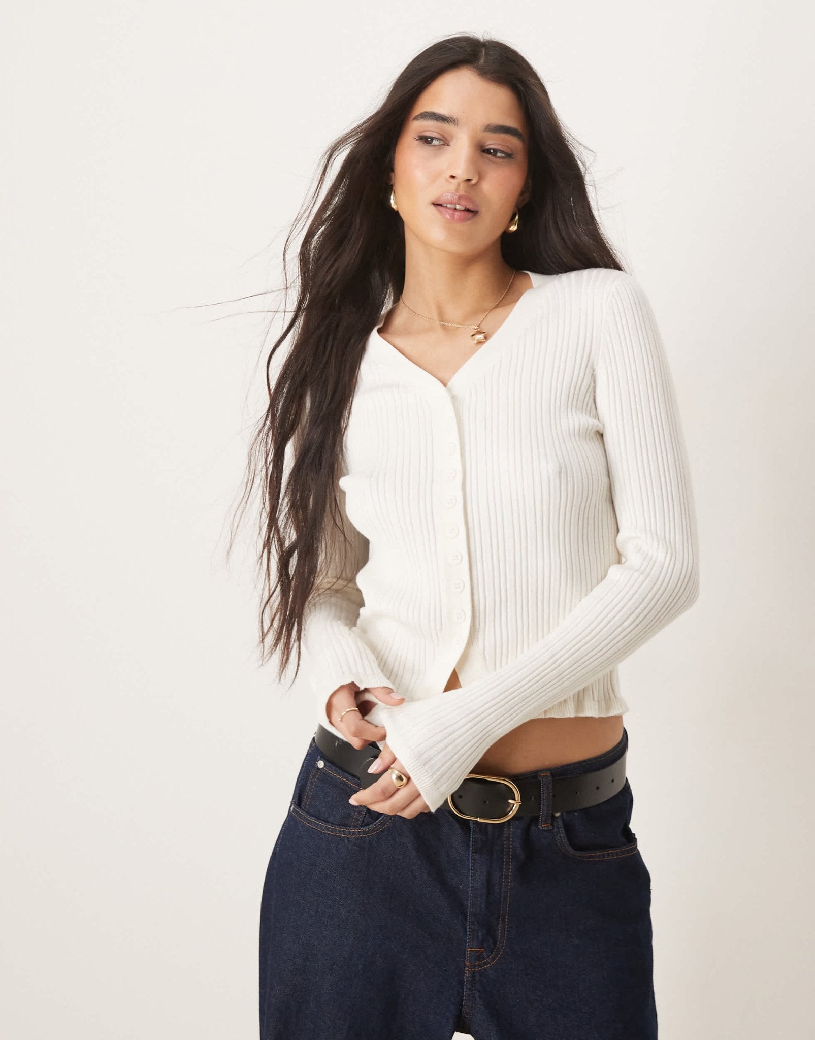 ASOS DESIGN button front v neck cardigan with frill in rib in cream - ASOS Sample Sale