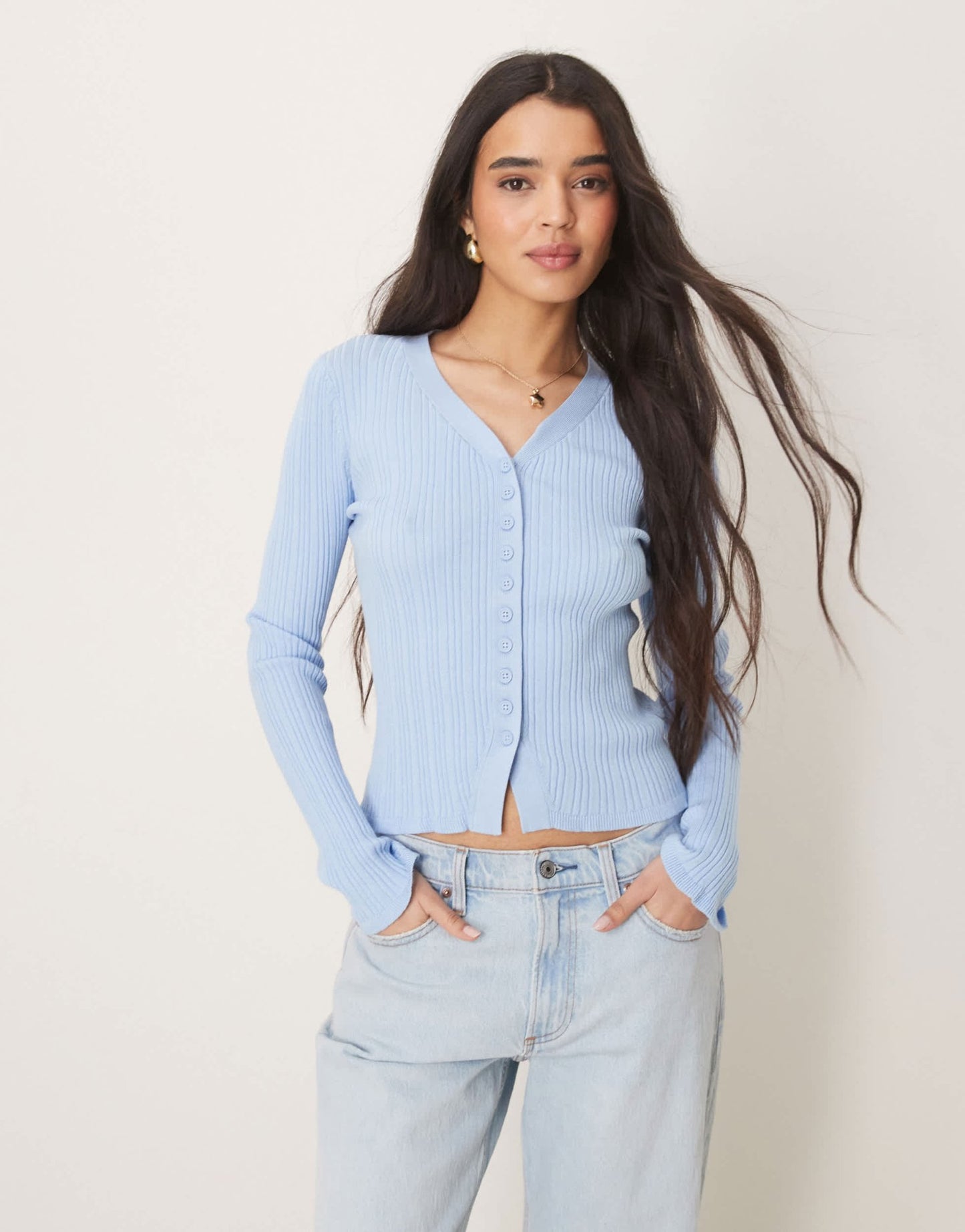 ASOS DESIGN button front v neck cardigan with frill in rib in light blue - ASOS Sample Sale