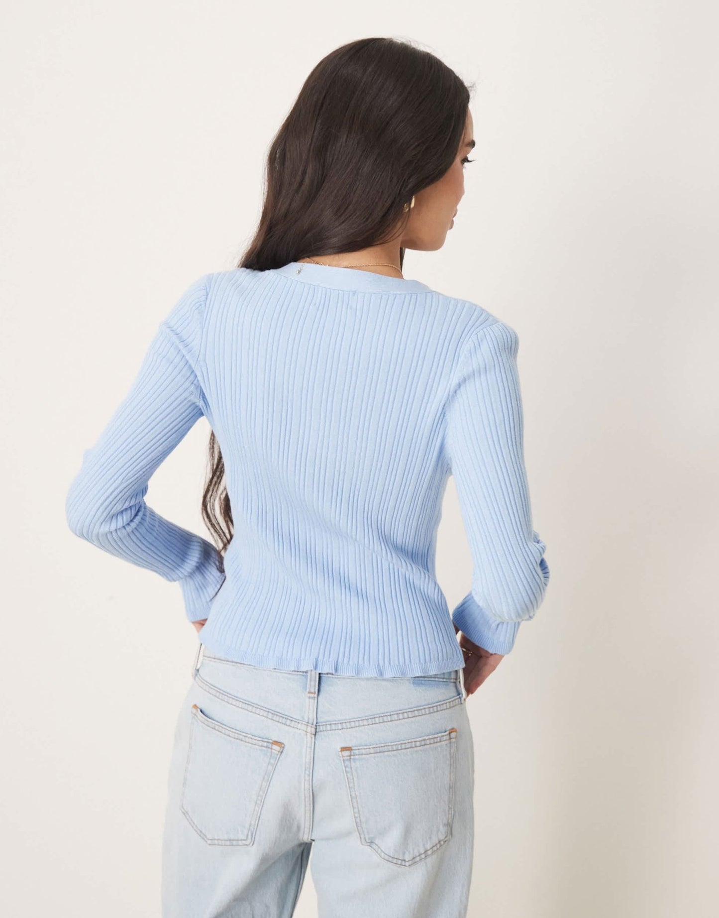 ASOS DESIGN button front v neck cardigan with frill in rib in light blue - ASOS Sample Sale