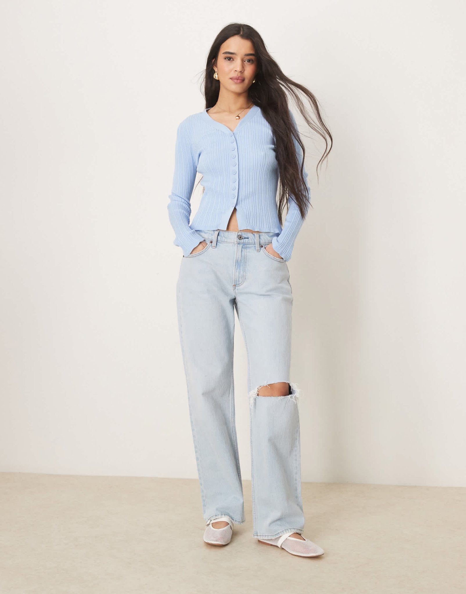 ASOS DESIGN button front v neck cardigan with frill in rib in light blue - ASOS Sample Sale