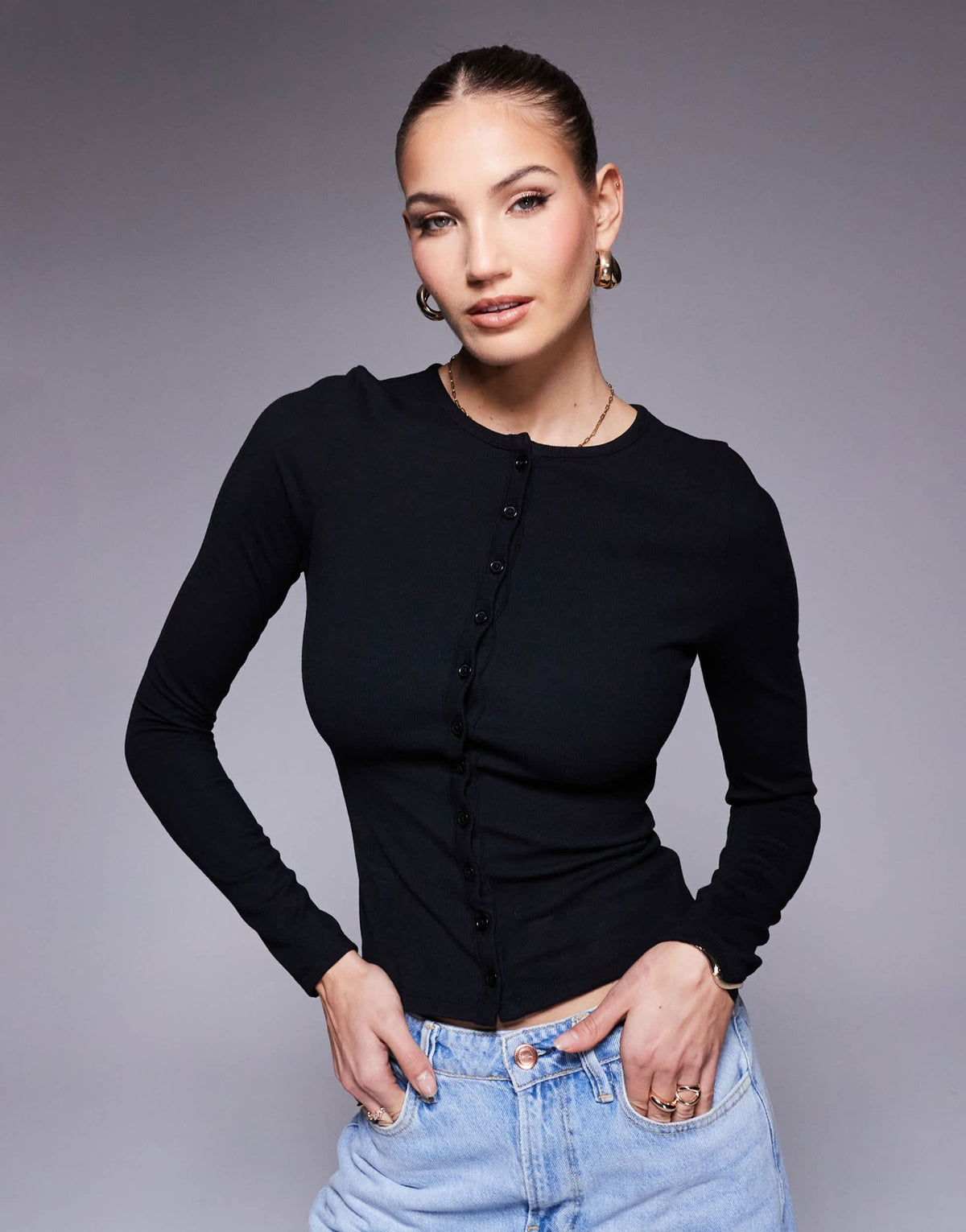 ASOS DESIGN button through cardigan in rib in black - ASOS Sample Sale